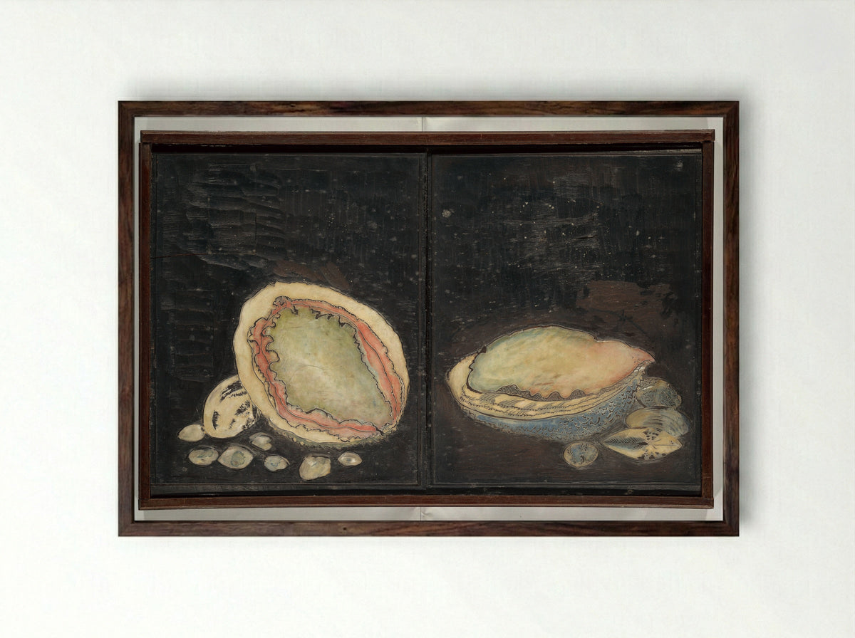 Original Woodblocks for the Servants of the Dragon King of the Sea: Fish and Shells - Kuwagata Keisai - Framed Print Dark Wood