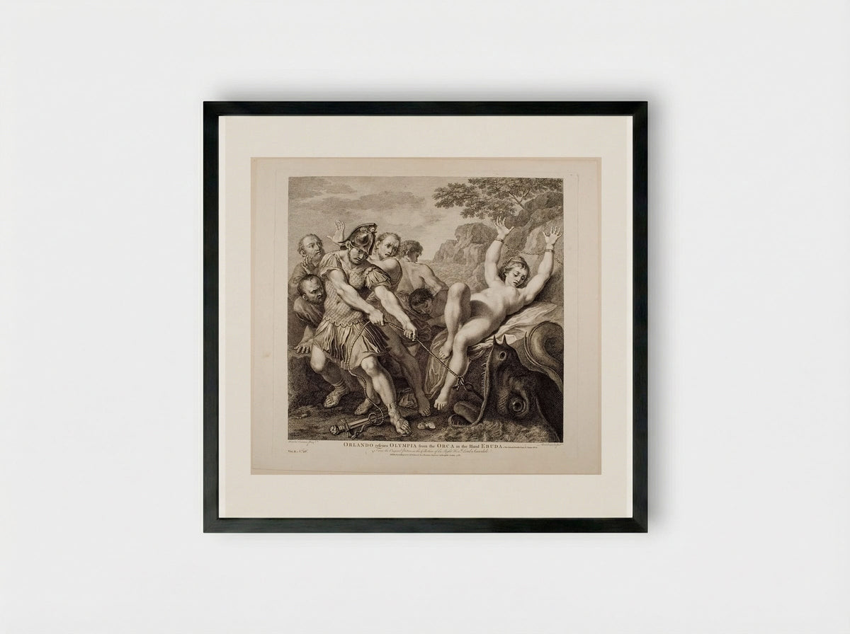 Orlando Rescues Olympia from the Orca in the Island Ebuda - Francesco Bartolozzi - Framed Print Black