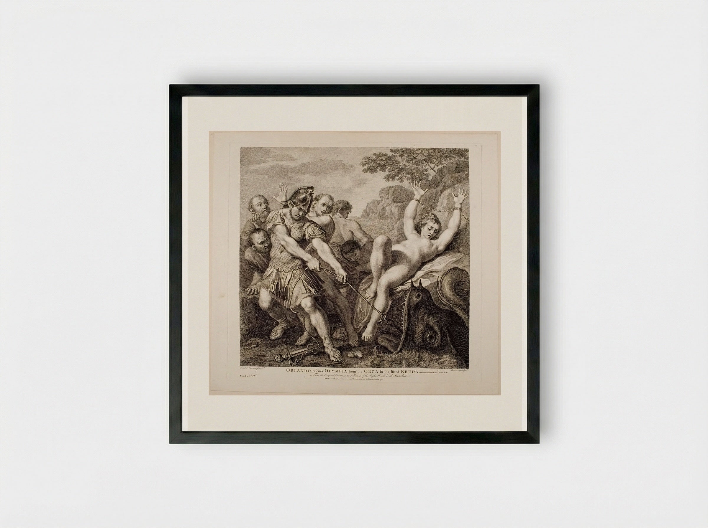 Orlando Rescues Olympia from the Orca in the Island Ebuda - Francesco Bartolozzi - Framed Print Black