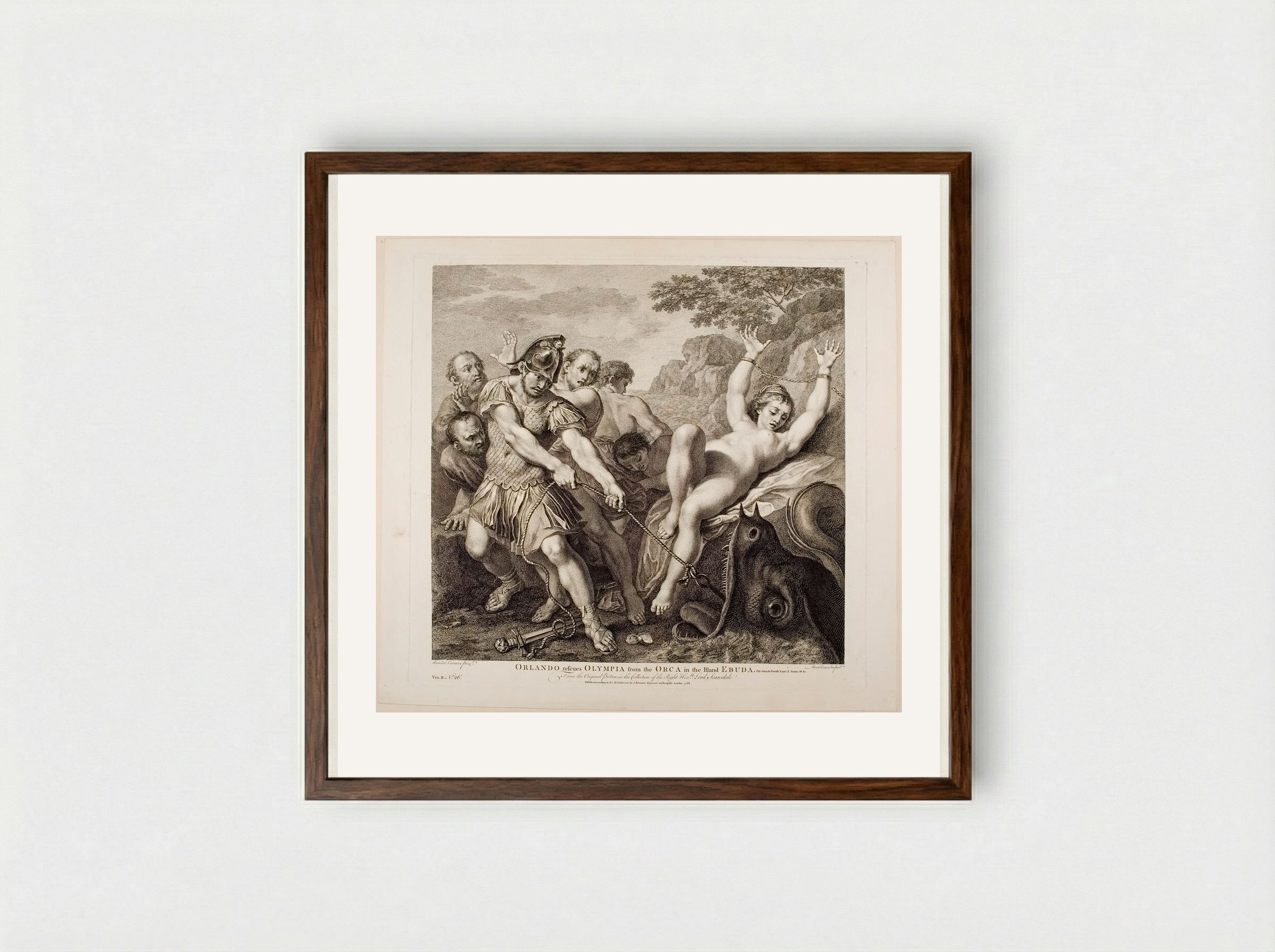 Orlando Rescues Olympia from the Orca in the Island Ebuda - Francesco Bartolozzi - Framed Print Dark Wood