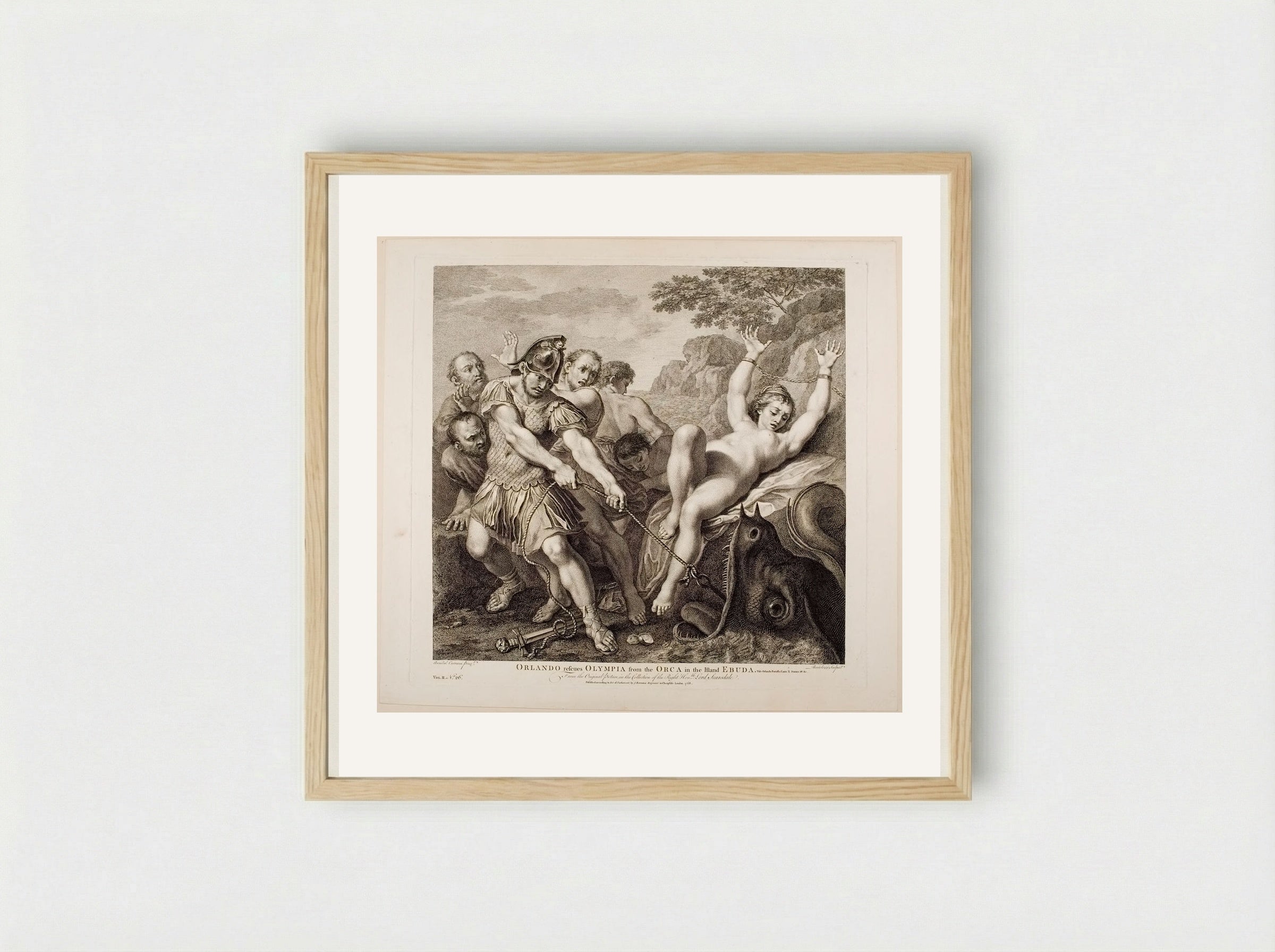 Orlando Rescues Olympia from the Orca in the Island Ebuda - Francesco Bartolozzi - Framed Print Wood