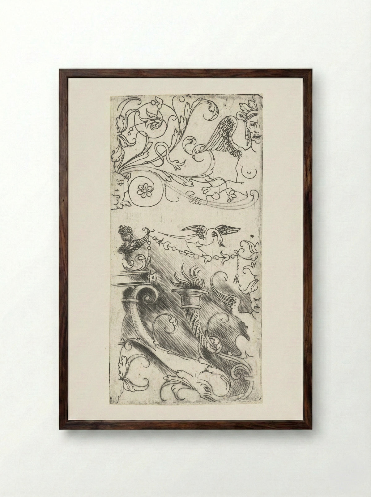Ornament met brandende fakkel en grotesken - Meester van 1515 - Framed Print Dark Wood