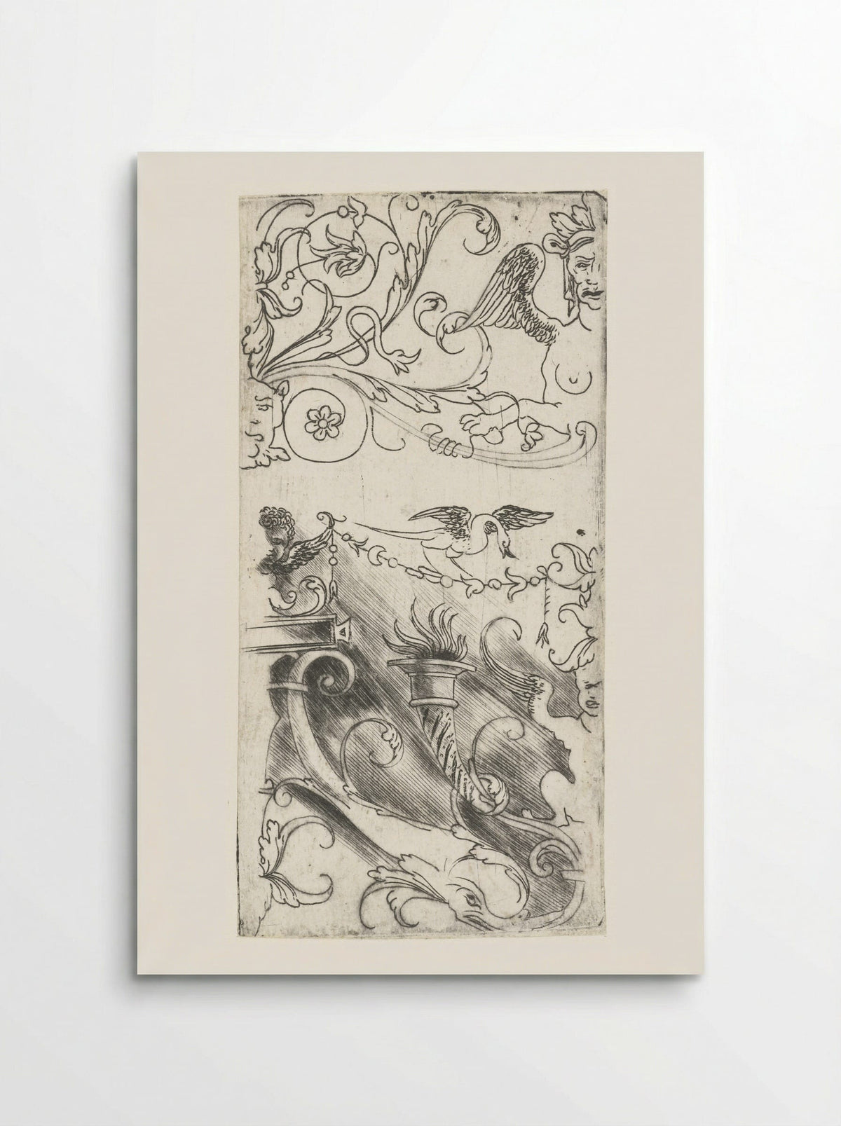 Ornament met brandende fakkel en grotesken - Meester van 1515 - Poster