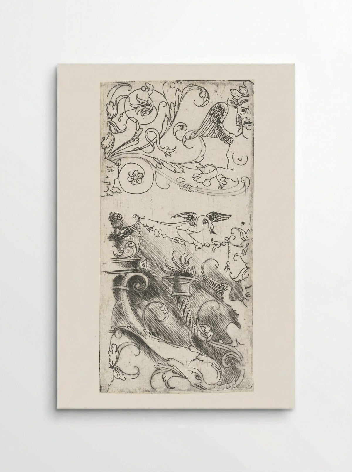 Ornament met brandende fakkel en grotesken - Meester van 1515 - Poster