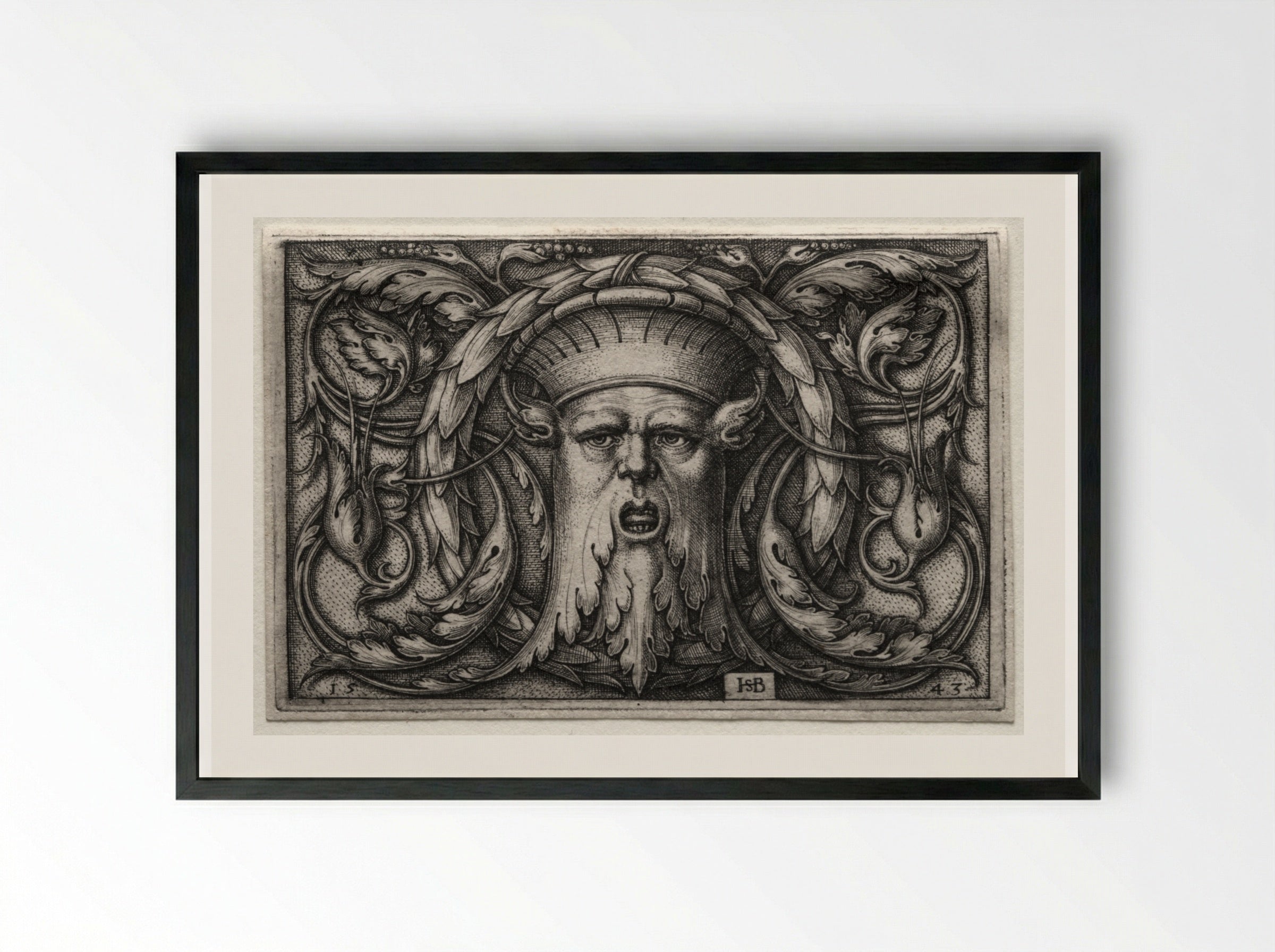 Ornament of Satyr's Head and Wreath - Hans Sebald Beham - Framed Print Black
