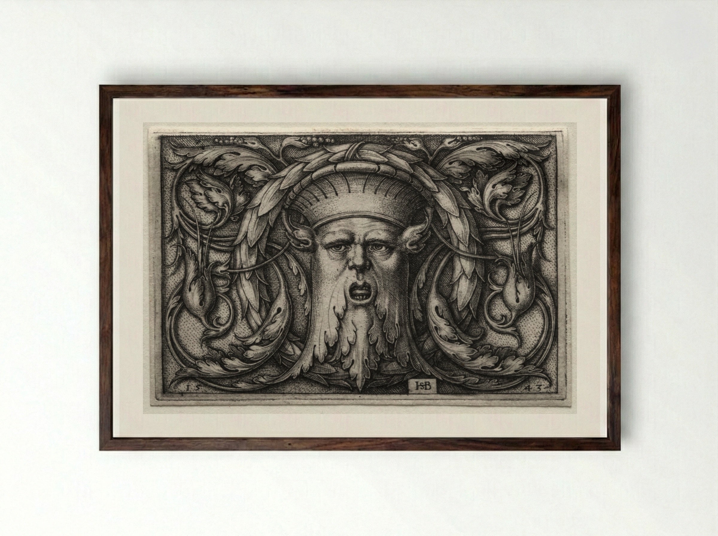 Ornament of Satyr's Head and Wreath - Hans Sebald Beham - Framed Print Dark Wood