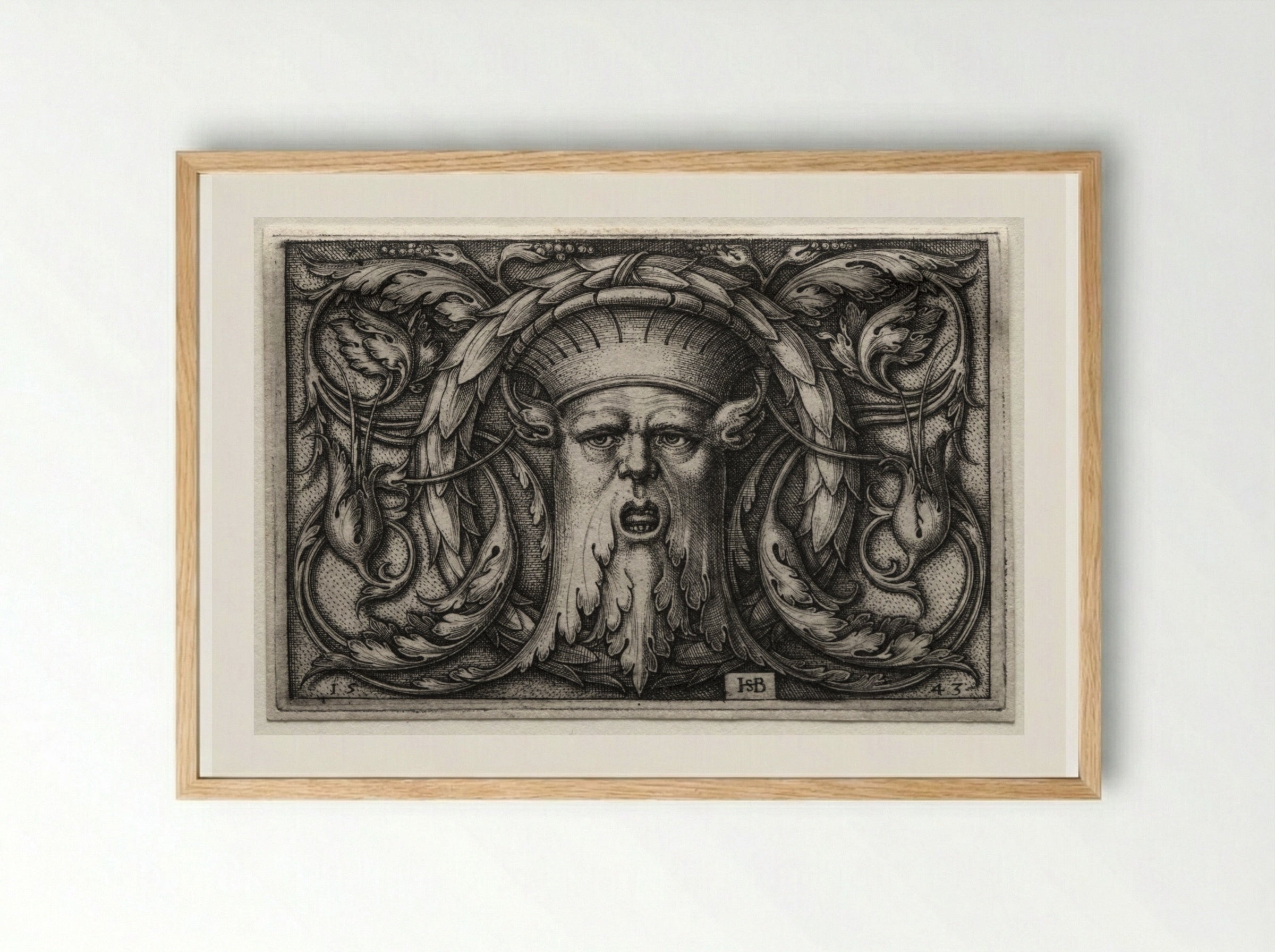 Ornament of Satyr's Head and Wreath - Hans Sebald Beham - Framed Print Wood