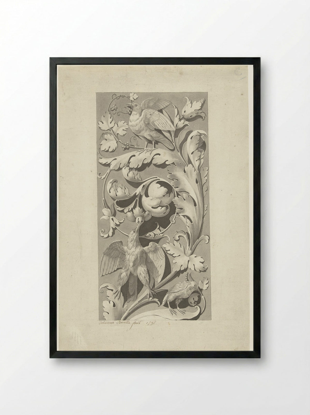 Ornament van bladranken en vogels - Johannes Beretta - Framed Print Black
