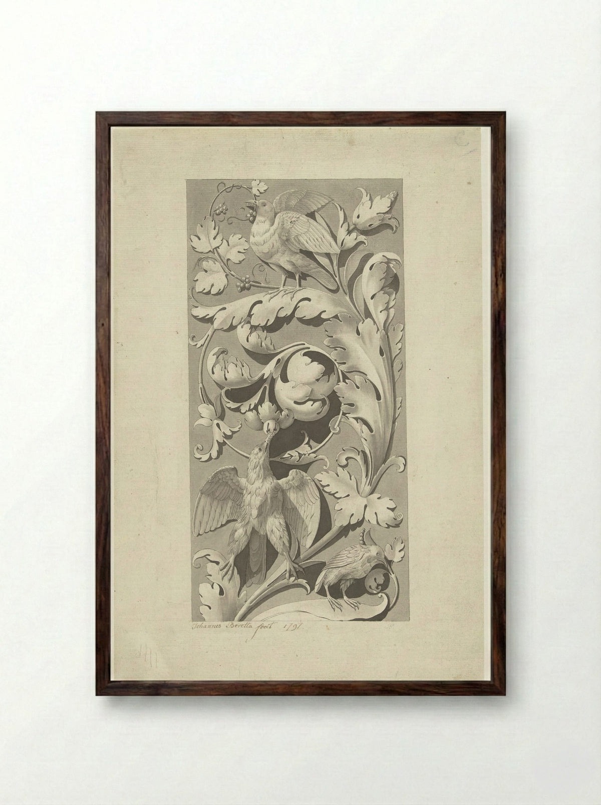 Ornament van bladranken en vogels - Johannes Beretta - Framed Print Dark Wood