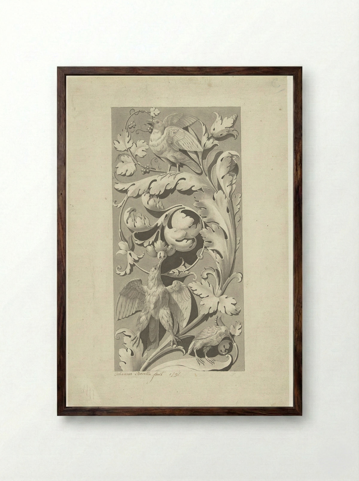 Ornament van bladranken en vogels - Johannes Beretta - Framed Print Dark Wood