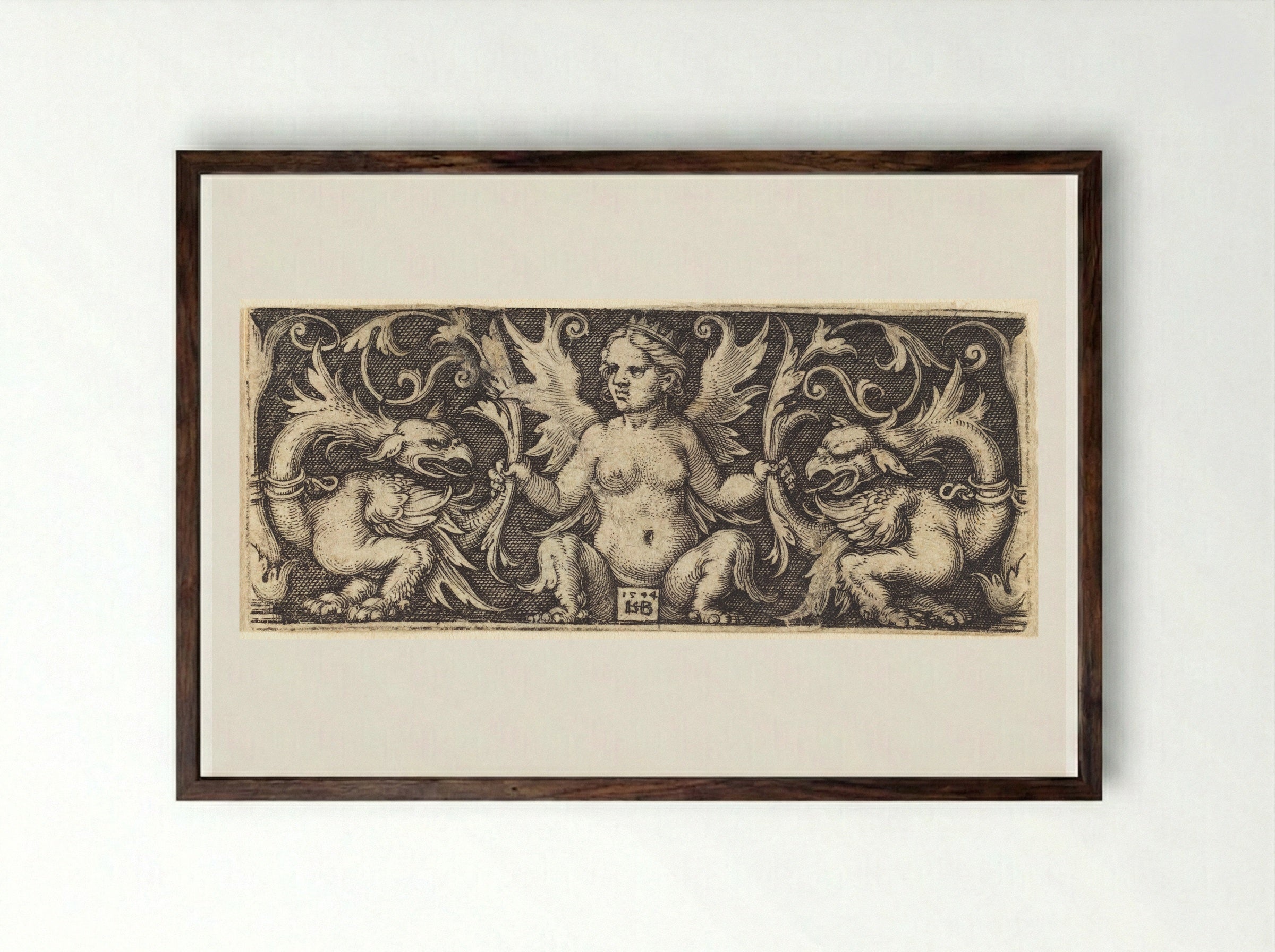 Ornament with Female Demon - Sebald Beham - Framed Print Dark Wood
