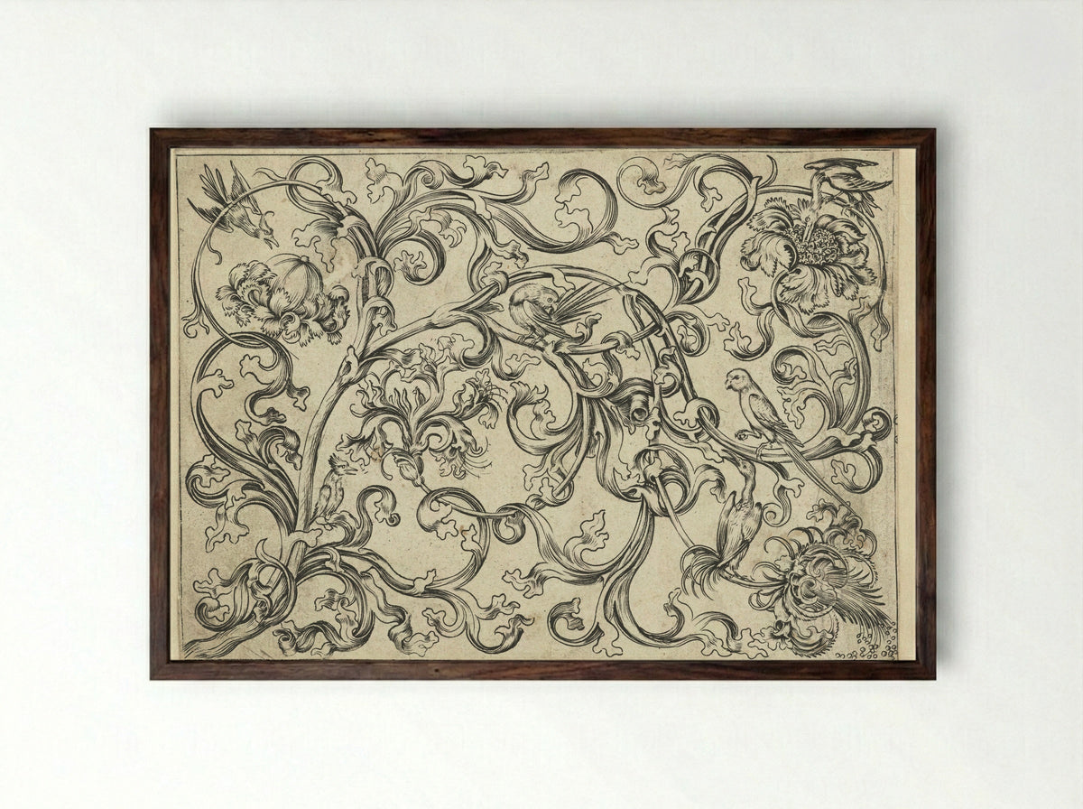 Ornament with Foliage, Parrots and Other Birds - Meester FVB - Framed Print Dark Wood