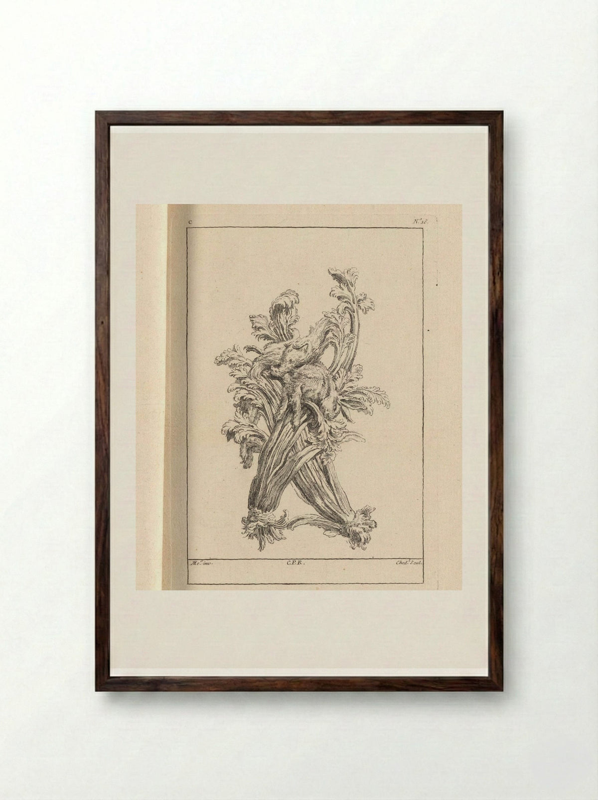 Ornament with Rabbit and Celery - Gabriel Huquier - Framed Print Dark Wood