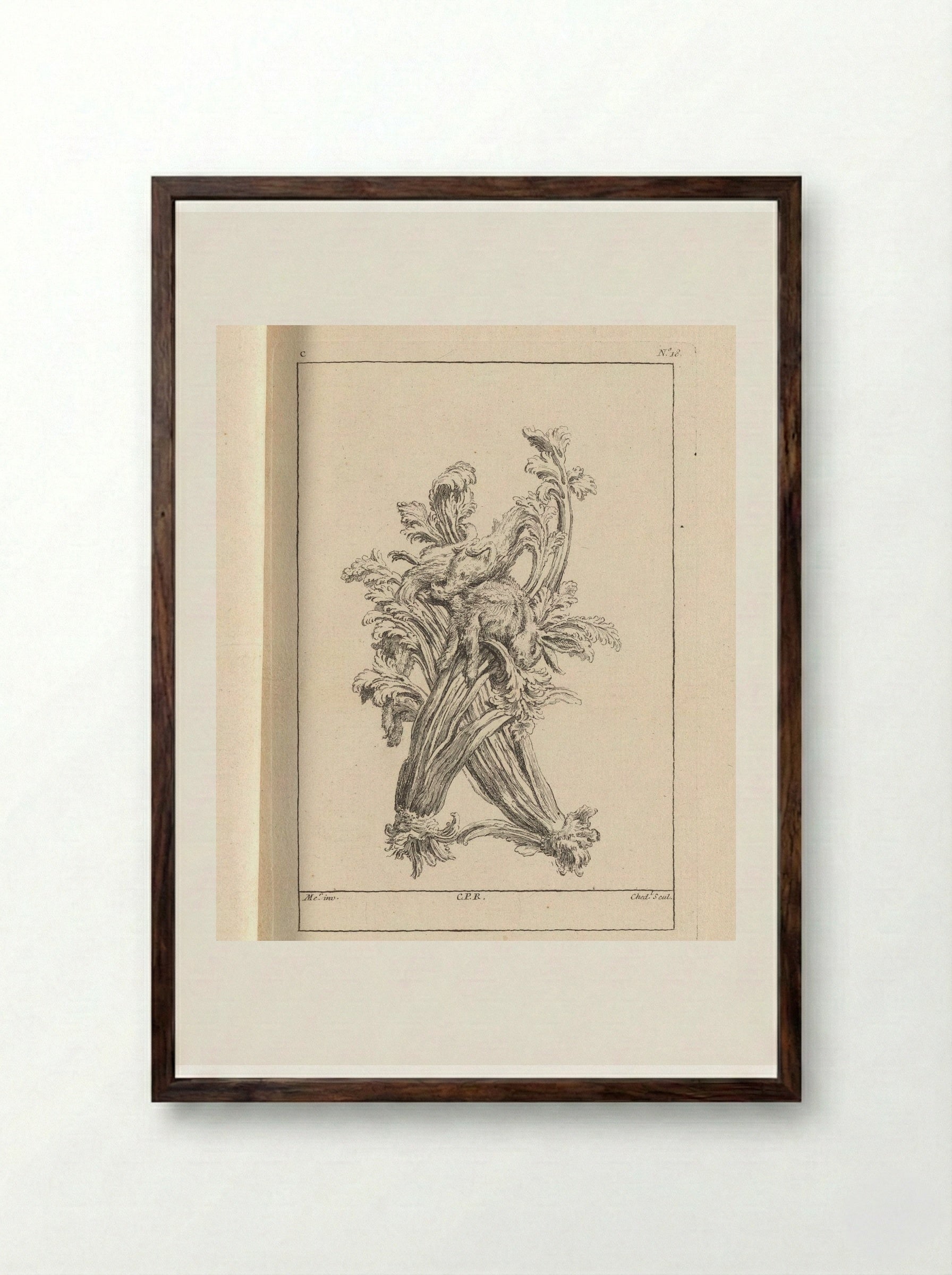 Ornament with Rabbit and Celery - Gabriel Huquier - Framed Print Dark Wood