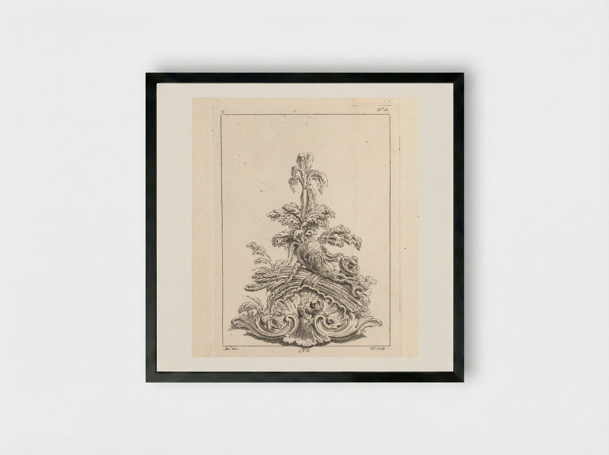 Ornament with Root Vegetables and Mushrooms on an Ornamental Shell - Gabriel Huquier - Framed Print Black