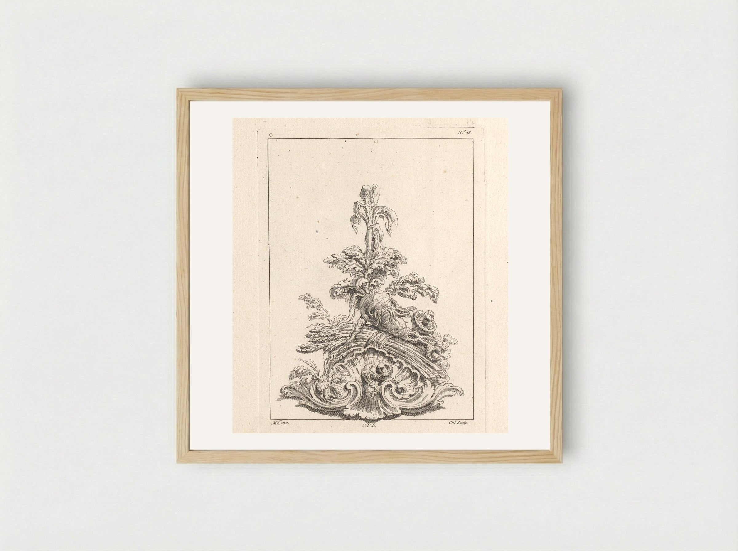 Ornament with Root Vegetables and Mushrooms on an Ornamental Shell - Gabriel Huquier - Framed Print Wood