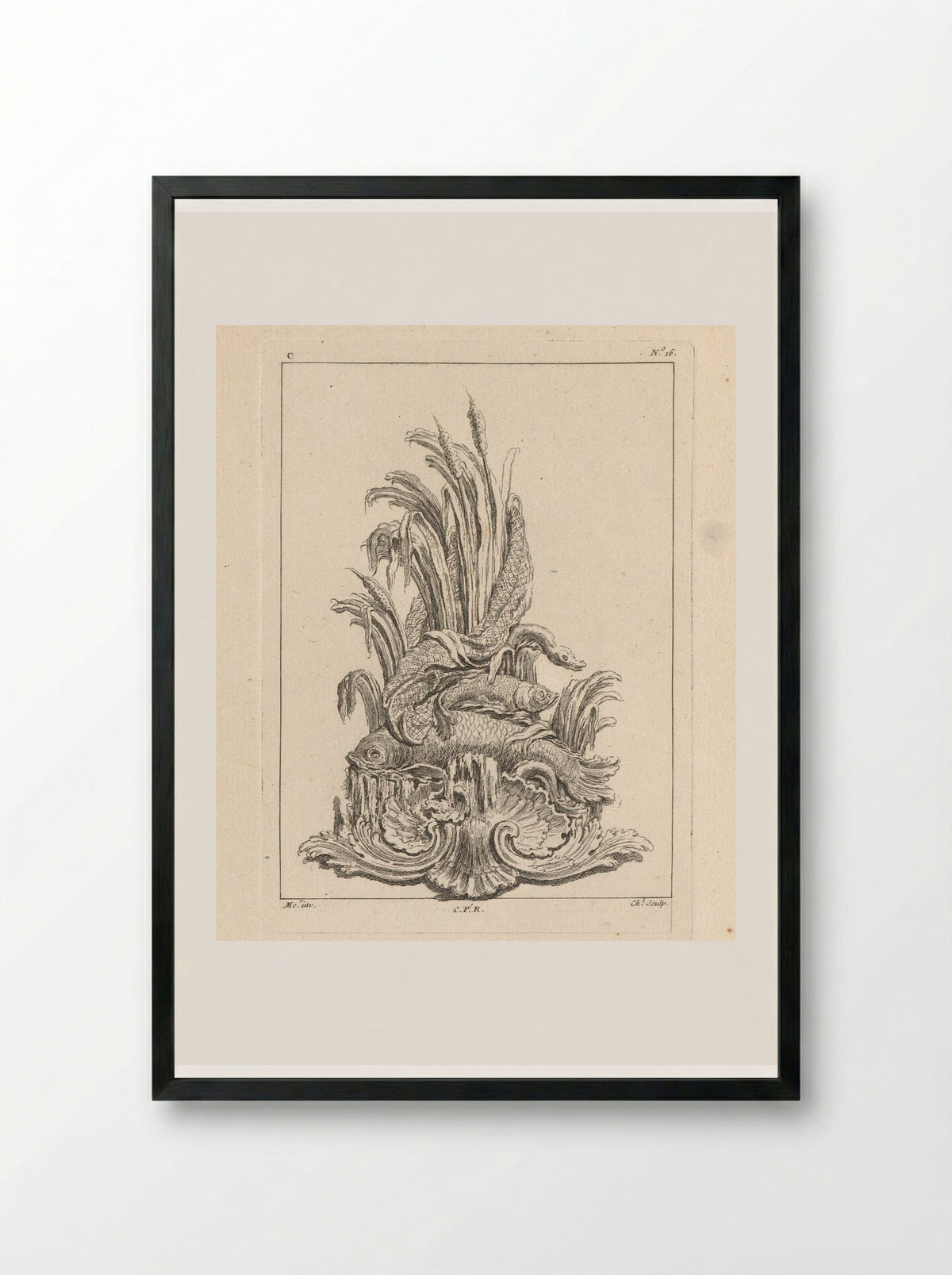 Ornament with Shell, Fish, Water Snake, Net and Reeds - Gabriel Huquier - Framed Print Black
