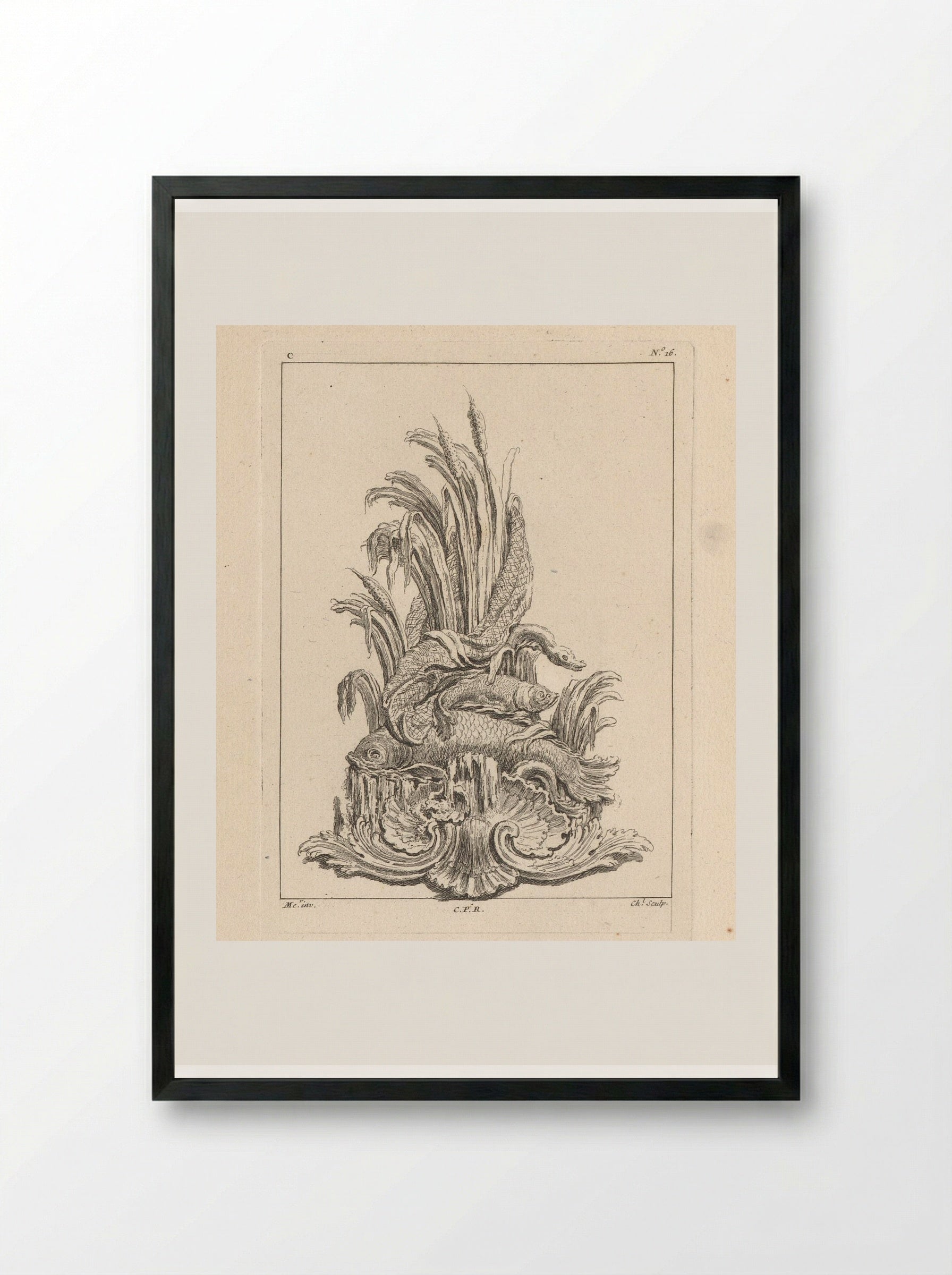 Ornament with Shell, Fish, Water Snake, Net and Reeds - Gabriel Huquier - Framed Print Black