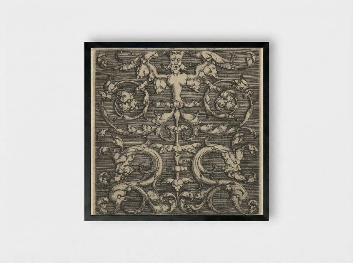 Ornament with Symmetrical Winged Figure - Monogrammist IG - Framed Print Black
