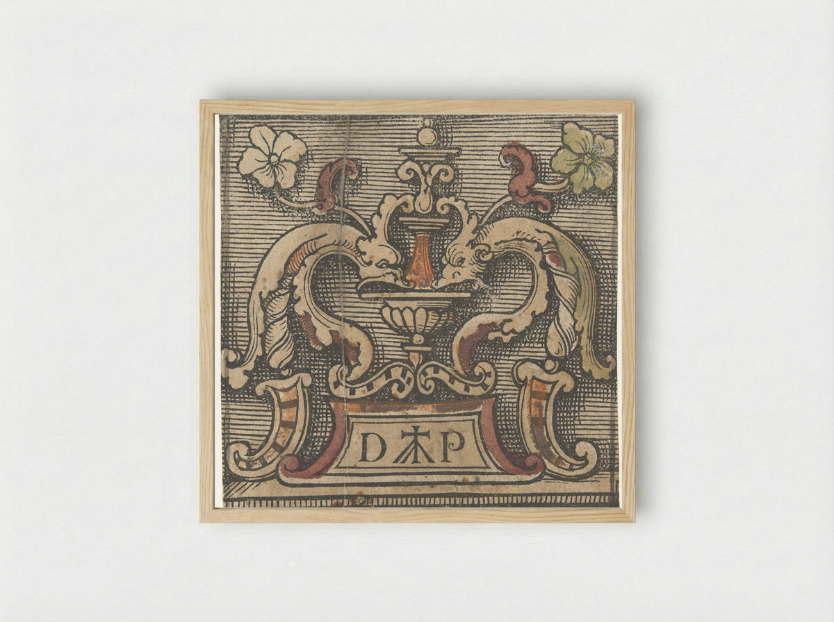Ornamental Design with Dolphins and Monogram - Doen Pietersz. - Framed Print Wood