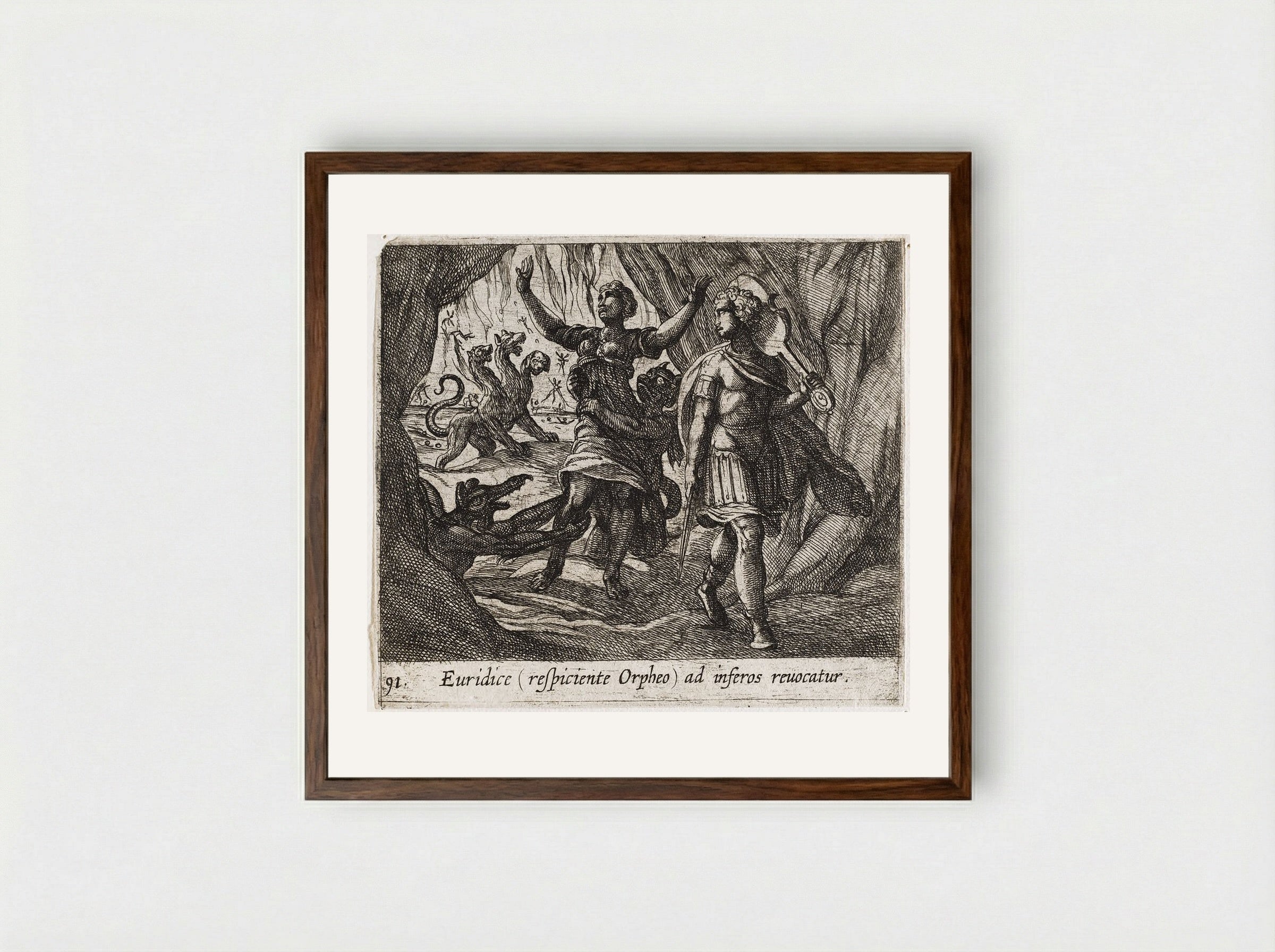 Orpheus Looking Back at Eurydice - Antonio Tempesta - Framed Print Dark Wood