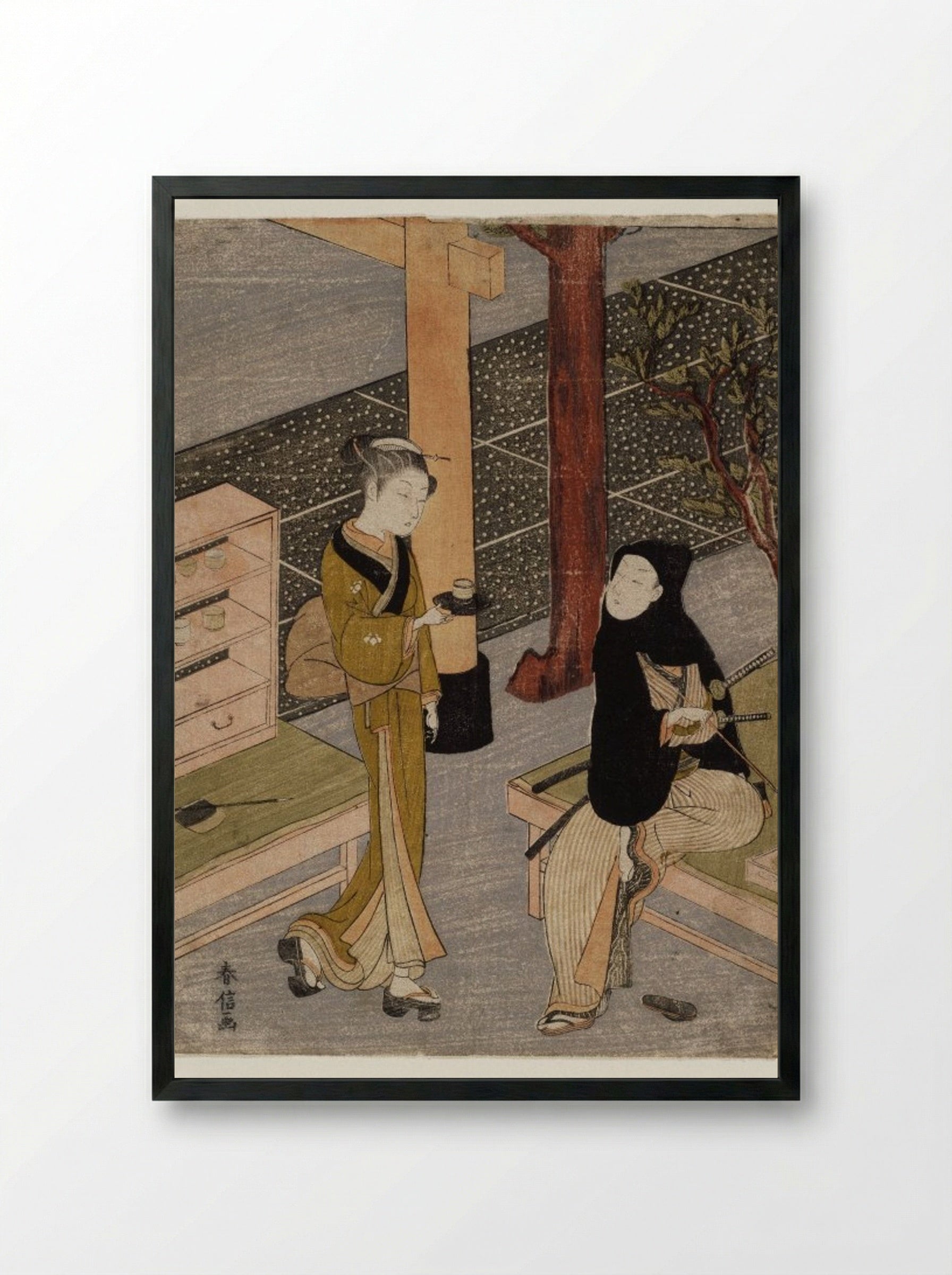 Osen Waiting on a Young Samurai - Suzuki Harunobu - Framed Print Black