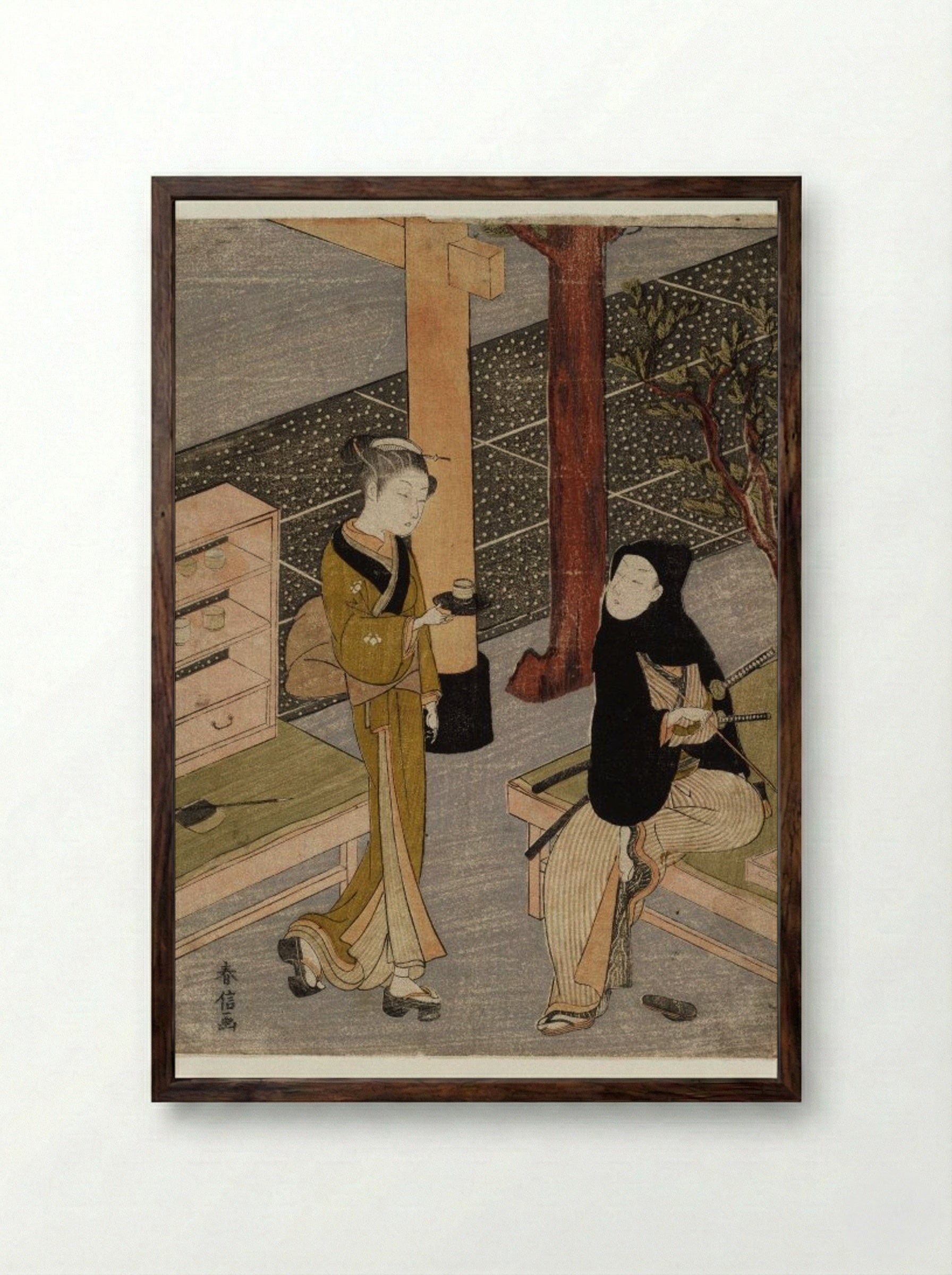 Osen Waiting on a Young Samurai - Suzuki Harunobu - Framed Print Dark Wood