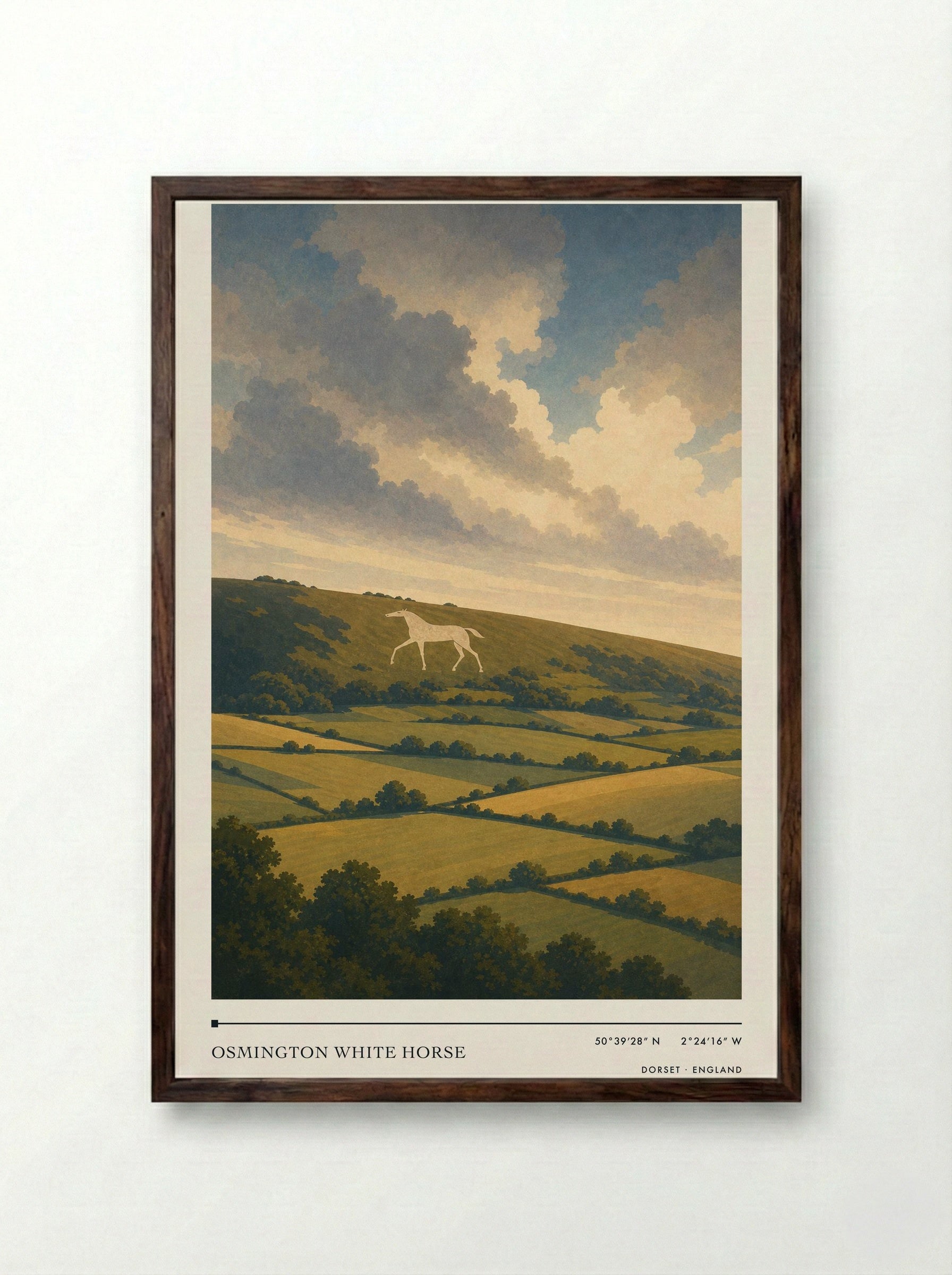 Osmington White Horse Dorset England Travel Poster - Framed Print Dark Wood