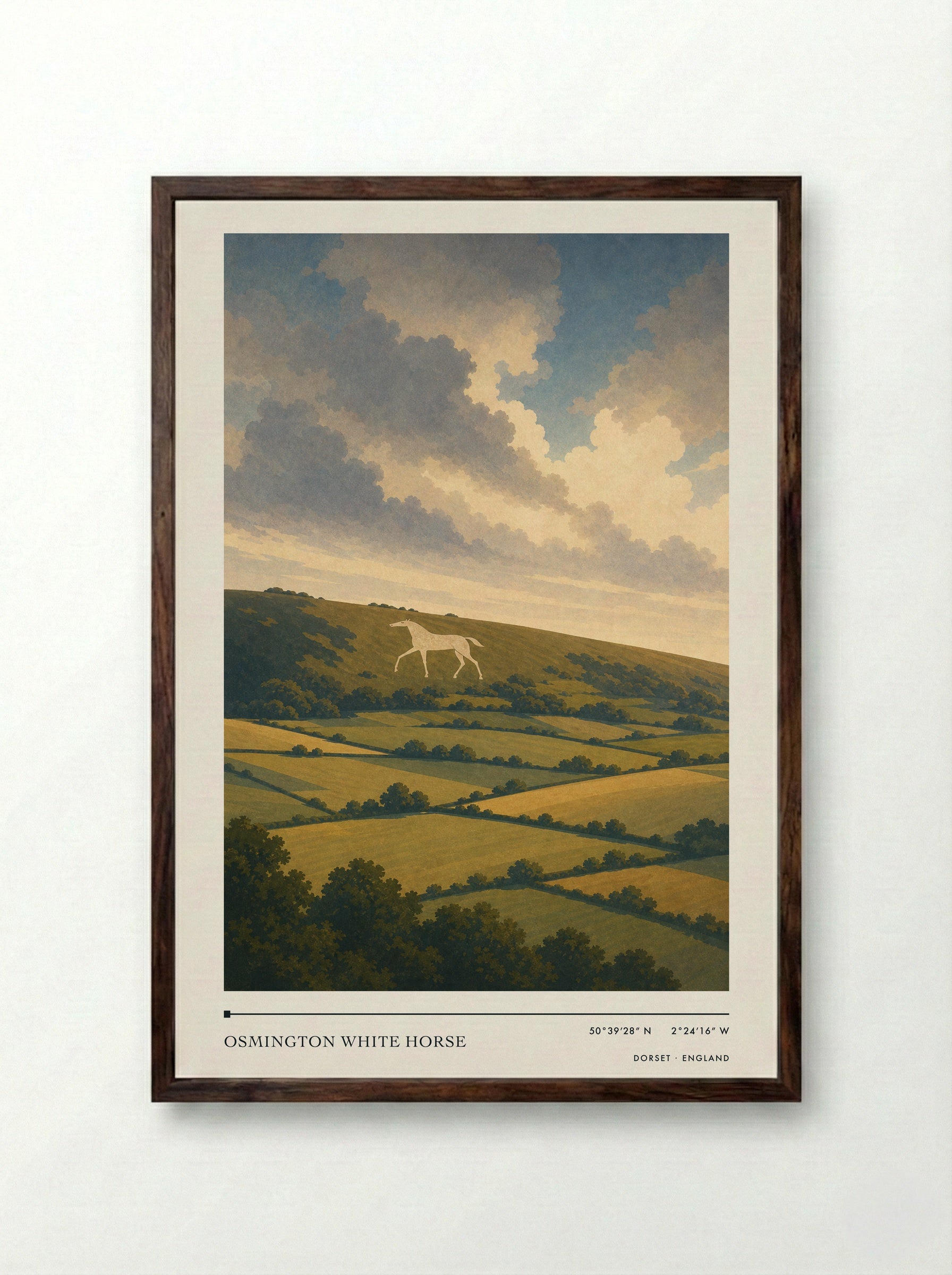 Osmington White Horse Dorset England Travel Poster - Framed Print Dark Wood