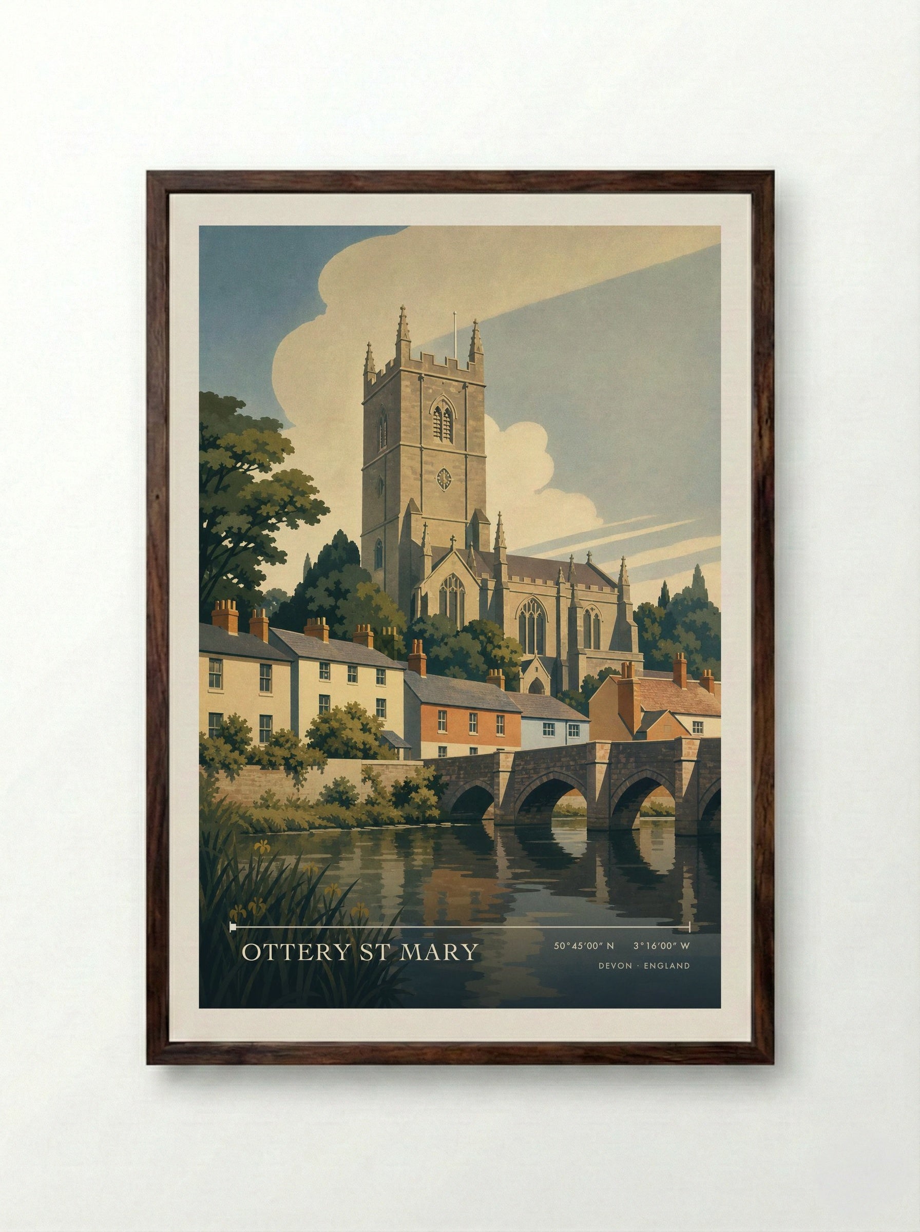 Ottery St Mary Devon England Travel Poster - Framed Print Dark Wood