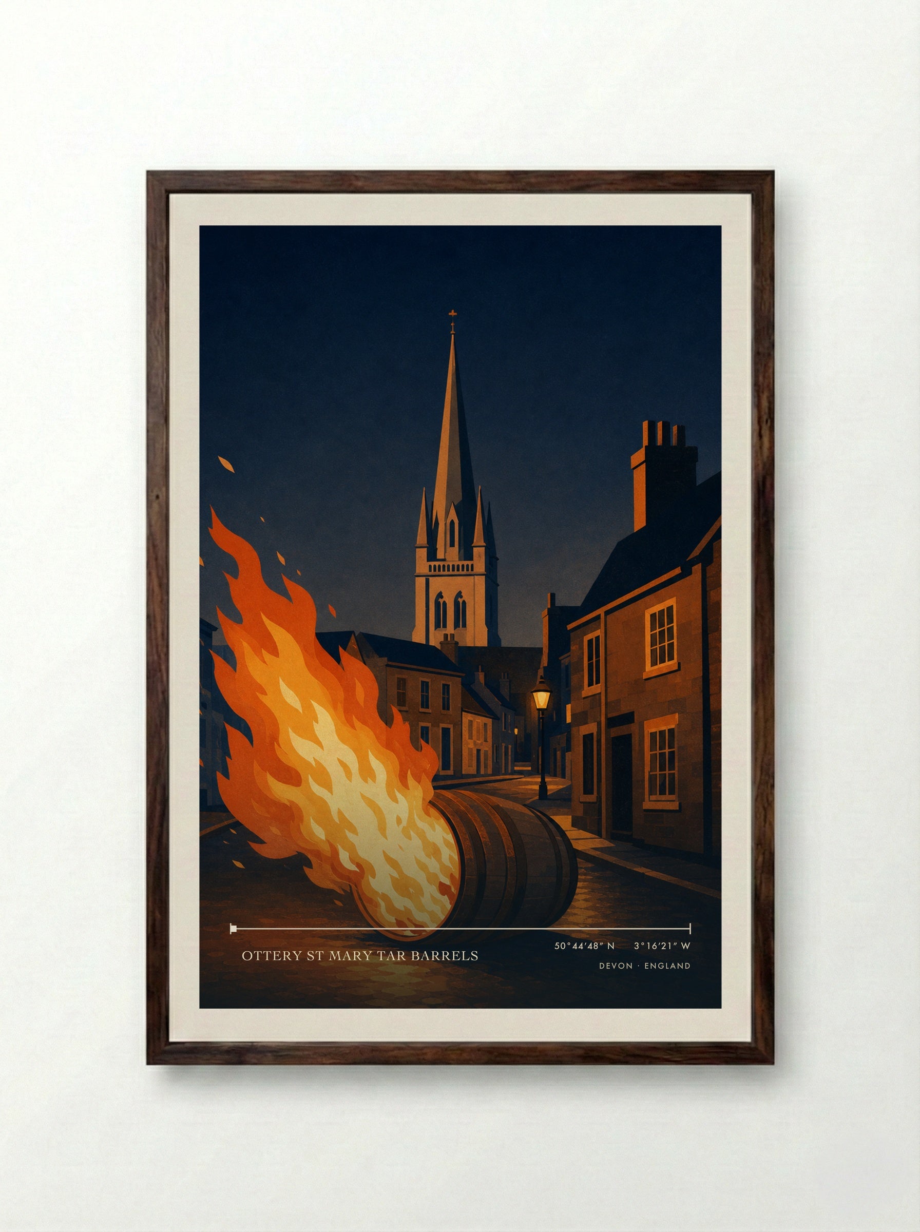 Ottery St Mary Tar Barrels Devon England Travel Poster - Framed Print Dark Wood
