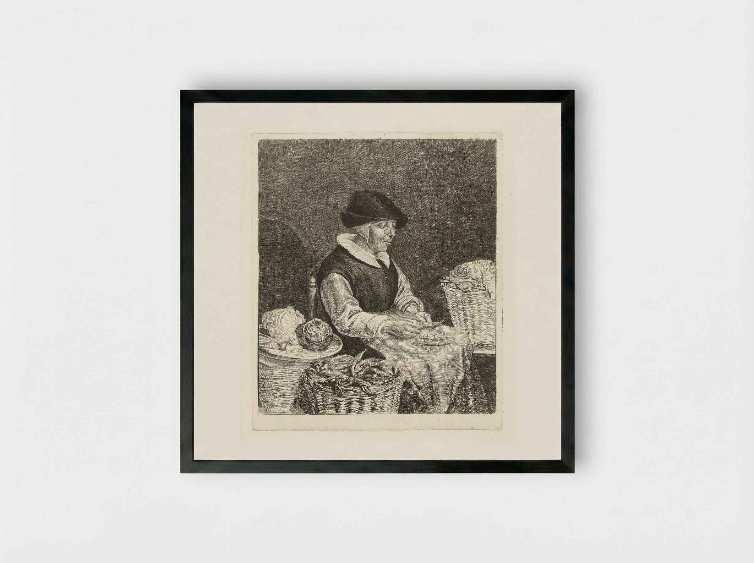 Oude vrouw bij het boontjes doppen - Louis Bernard Coclers - Framed Print Black
