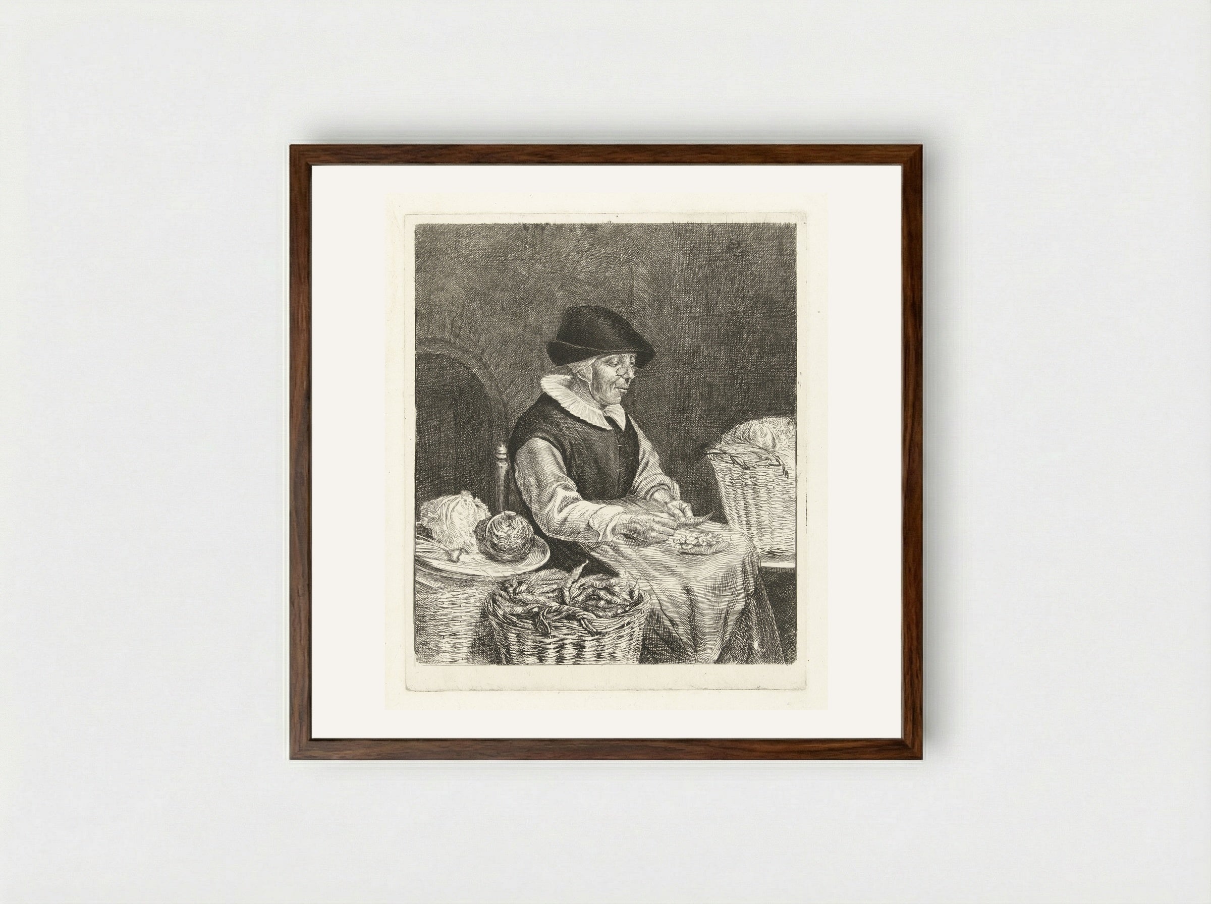 Oude vrouw bij het boontjes doppen - Louis Bernard Coclers - Framed Print Dark Wood
