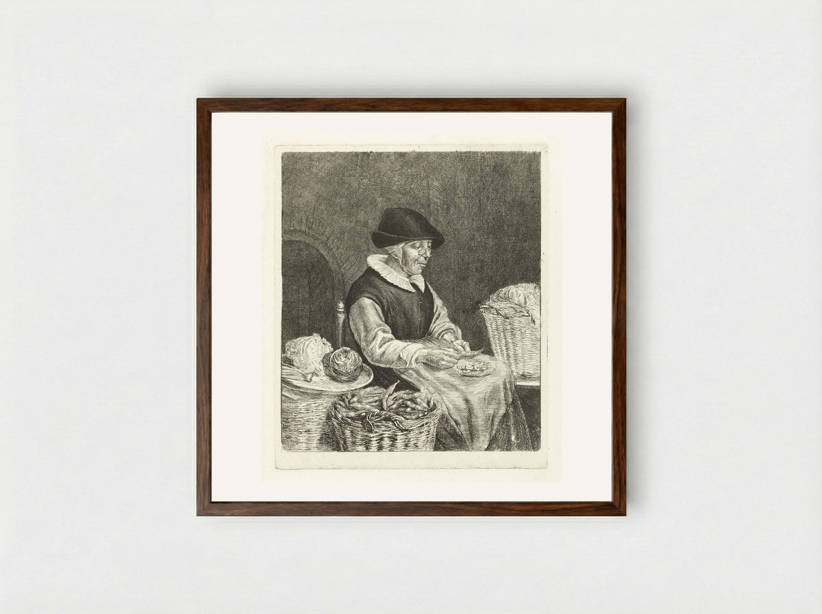 Oude vrouw bij het boontjes doppen - Louis Bernard Coclers - Framed Print Dark Wood
