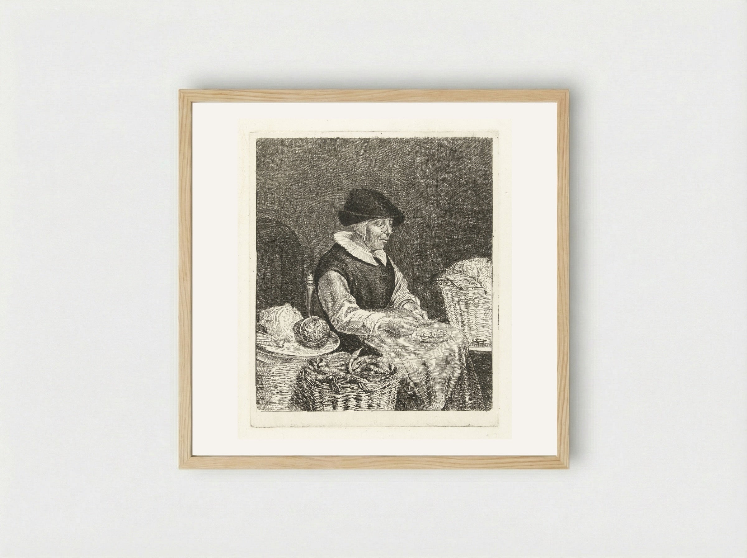 Oude vrouw bij het boontjes doppen - Louis Bernard Coclers - Framed Print Wood