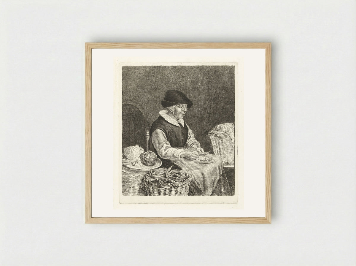 Oude vrouw bij het boontjes doppen - Louis Bernard Coclers - Framed Print Wood
