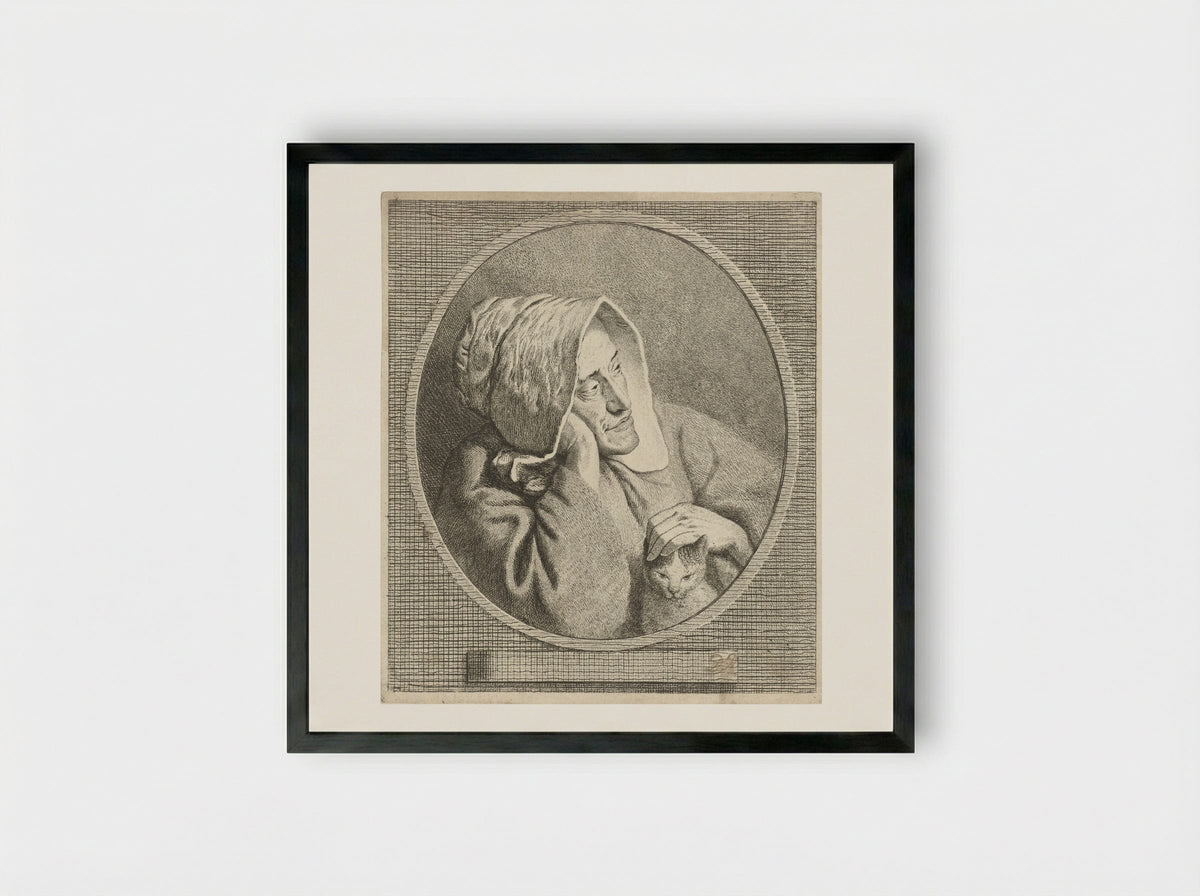 Oude vrouw met kat - Theodorus de Roode - Framed Print Black