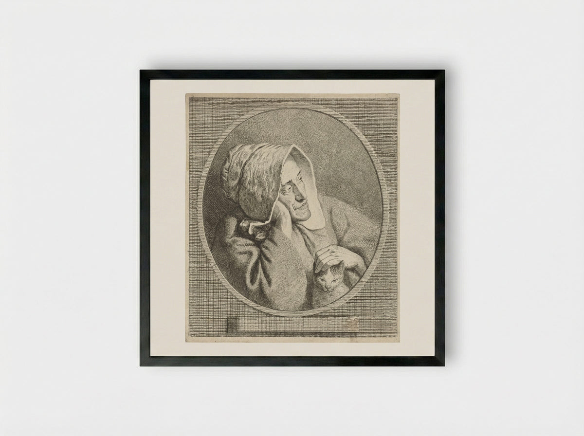 Oude vrouw met kat - Theodorus de Roode - Framed Print Black
