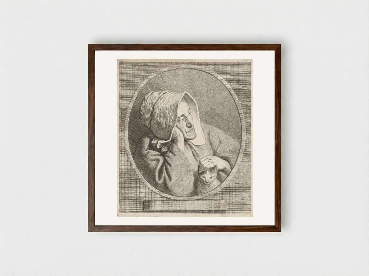 Oude vrouw met kat - Theodorus de Roode - Framed Print Dark Wood