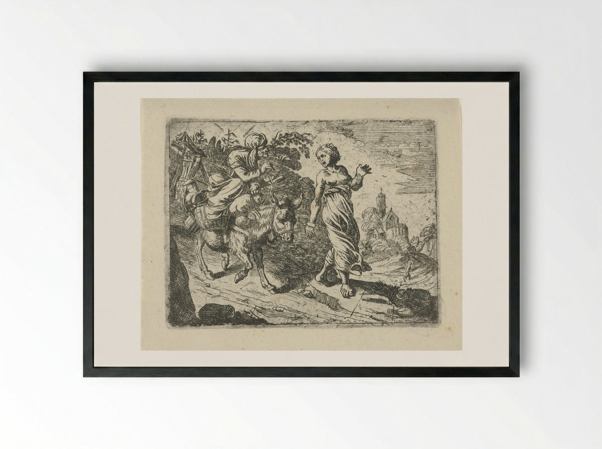Oude vrouw op een ezel, geleid door een jonge vrouw - Roeland van Laer - Framed Print Black
