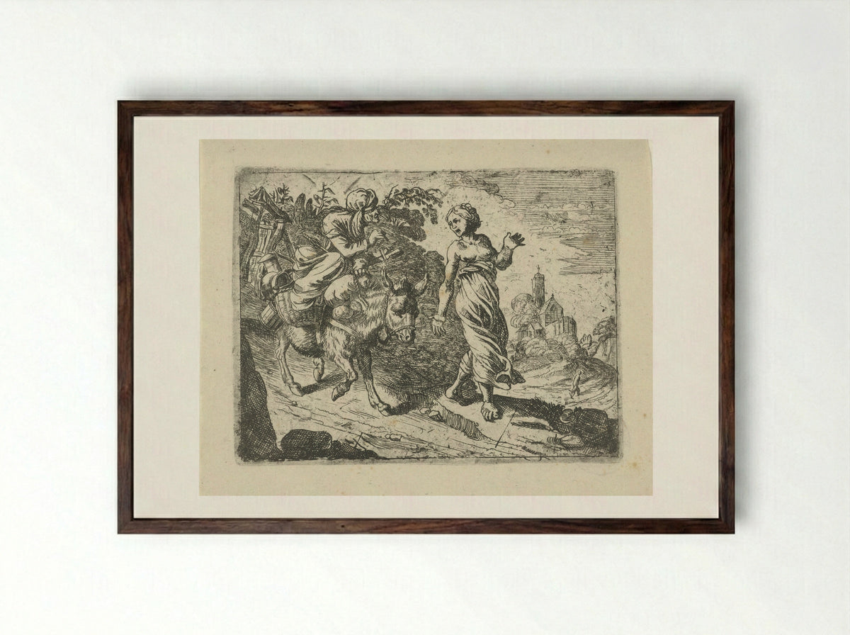 Oude vrouw op een ezel, geleid door een jonge vrouw - Roeland van Laer - Framed Print Dark Wood
