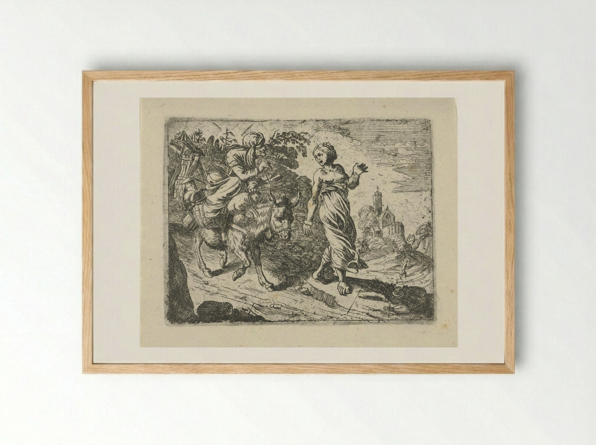 Oude vrouw op een ezel, geleid door een jonge vrouw - Roeland van Laer - Framed Print Wood
