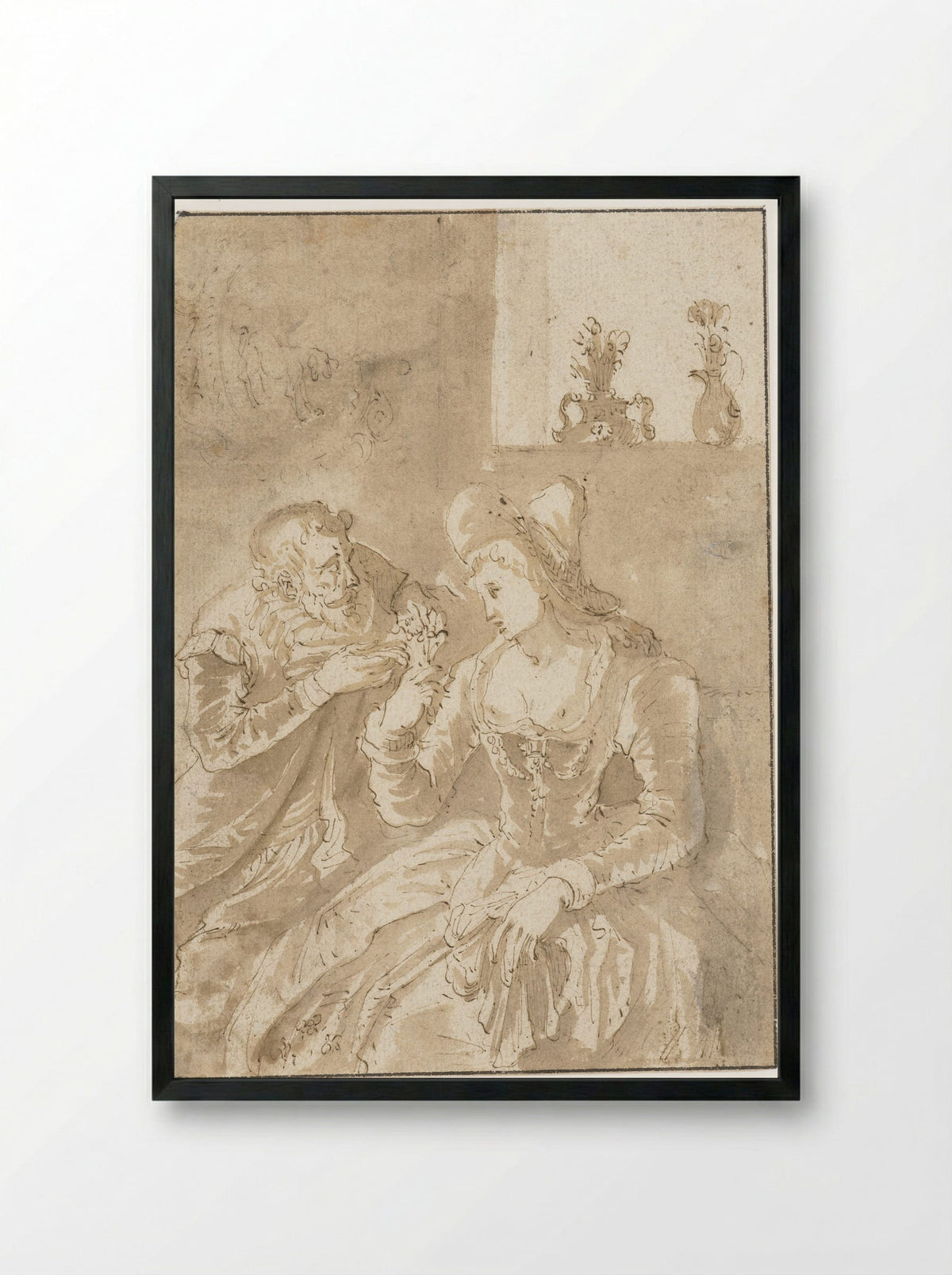 Oudere man bij een zittende elegante jonge vrouw - Gabriël Franck - Framed Print Black