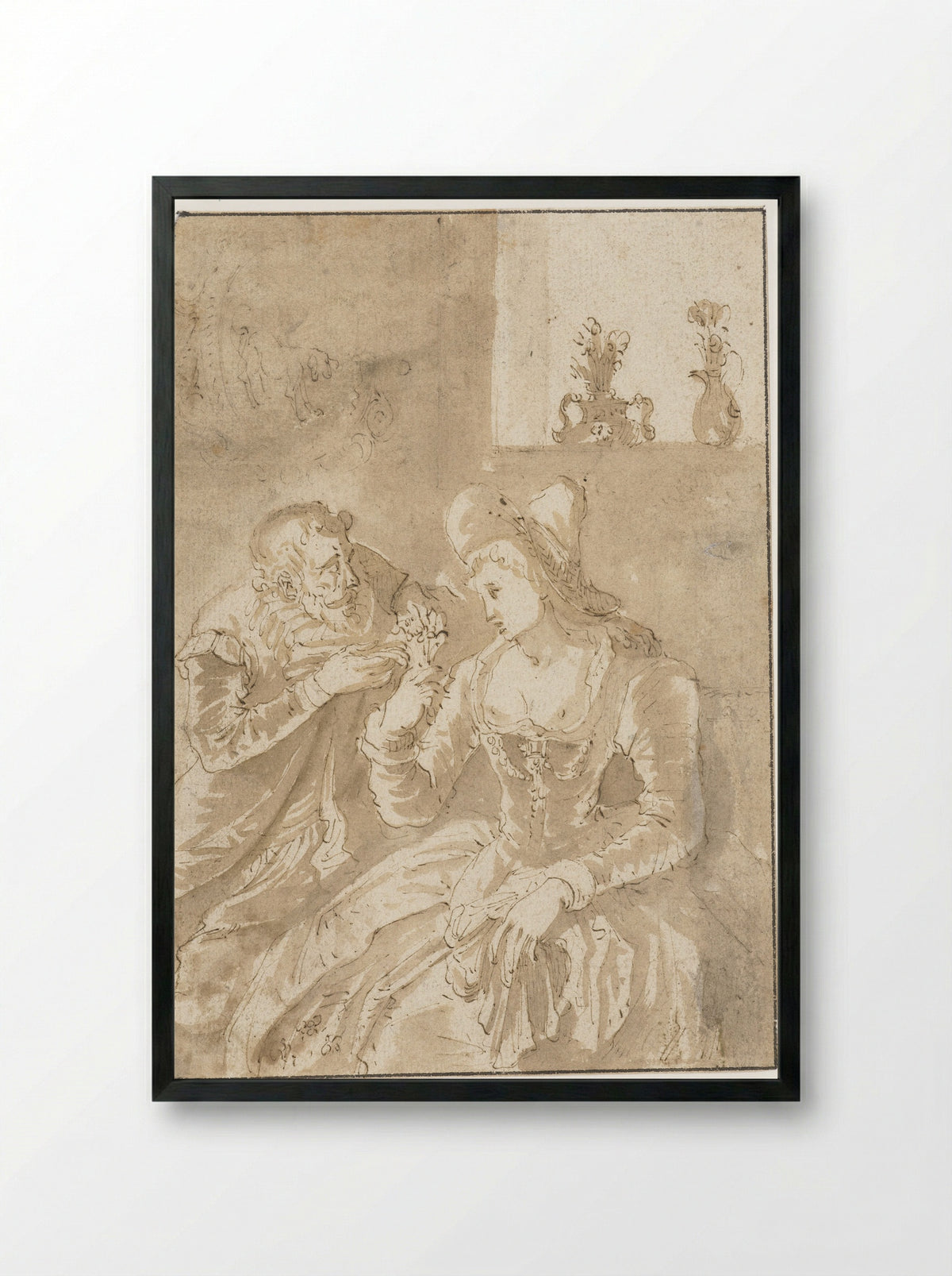 Oudere man bij een zittende elegante jonge vrouw - Gabriël Franck - Framed Print Black