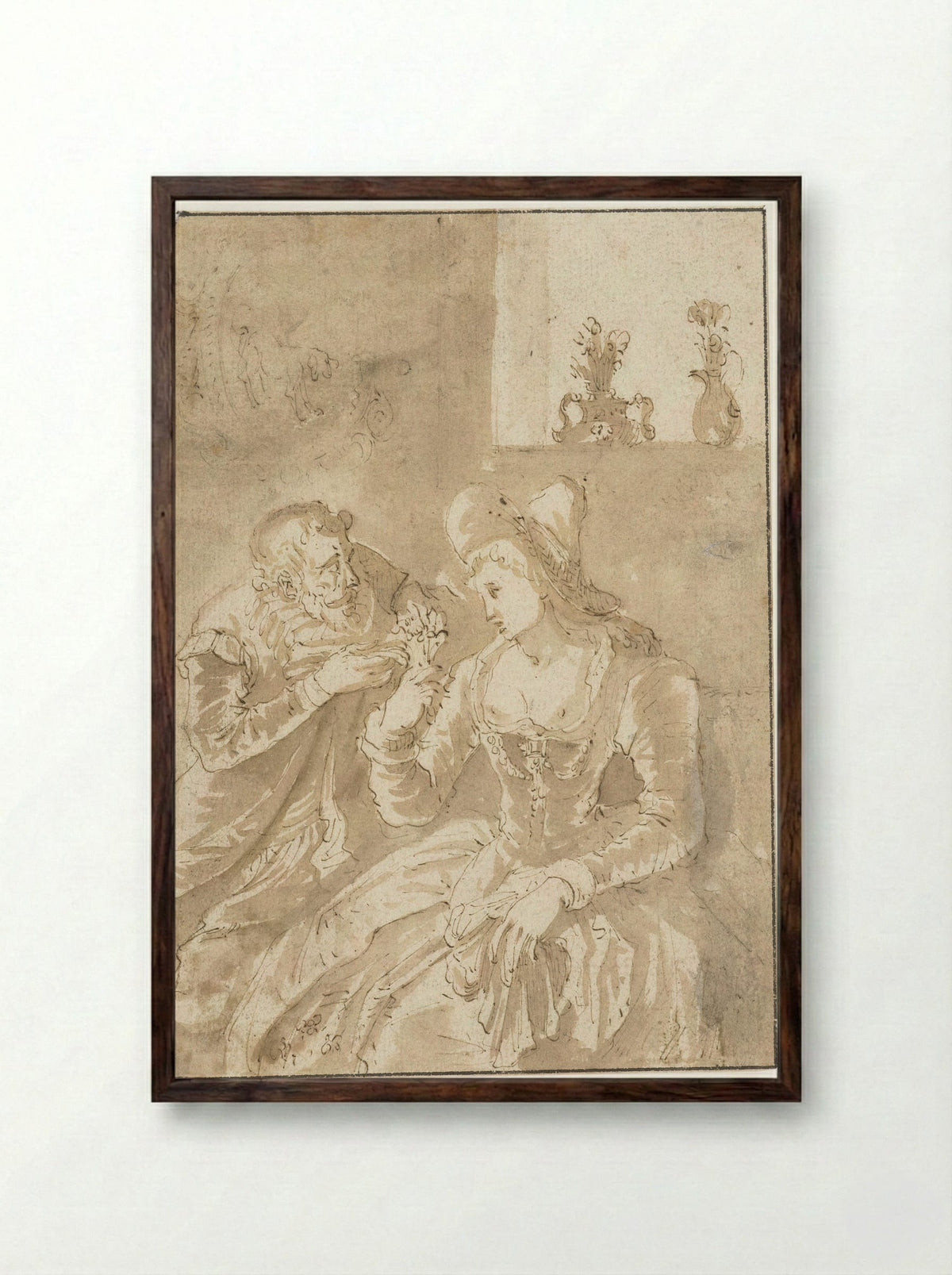 Oudere man bij een zittende elegante jonge vrouw - Gabriël Franck - Framed Print Dark Wood
