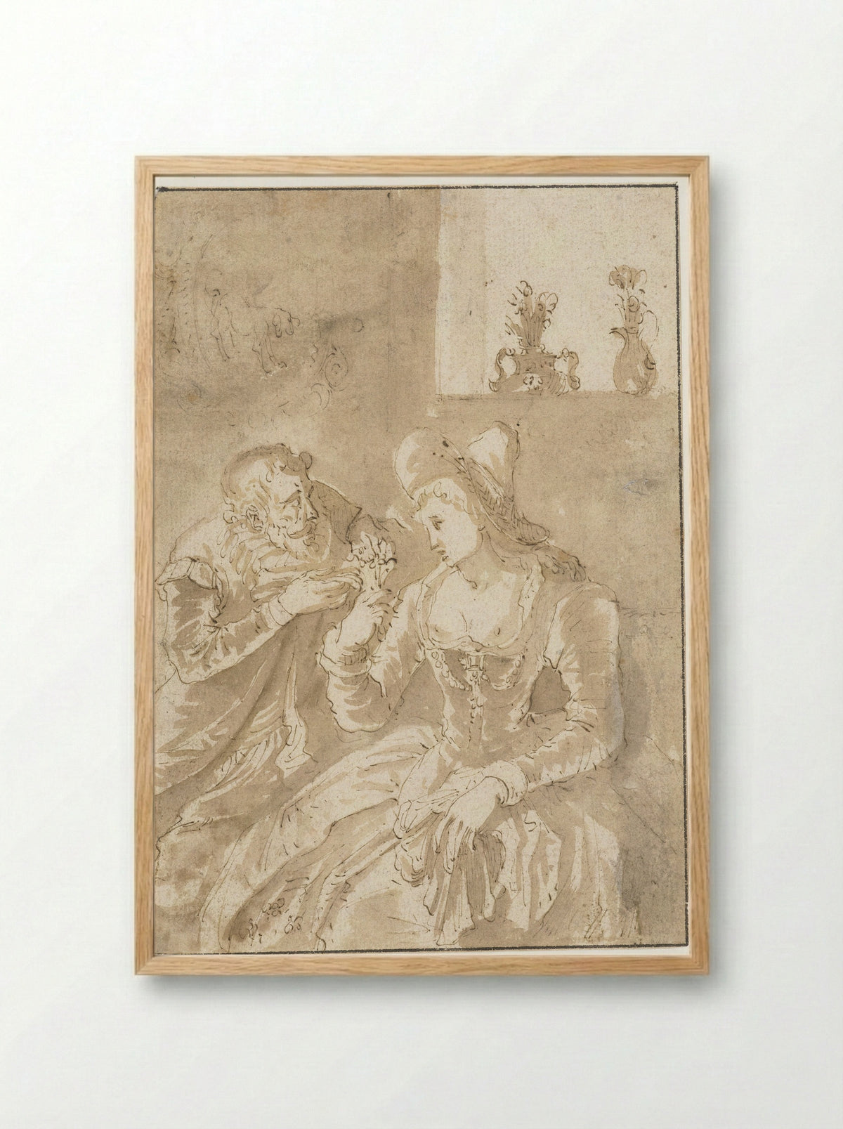 Oudere man bij een zittende elegante jonge vrouw - Gabriël Franck - Framed Print Wood