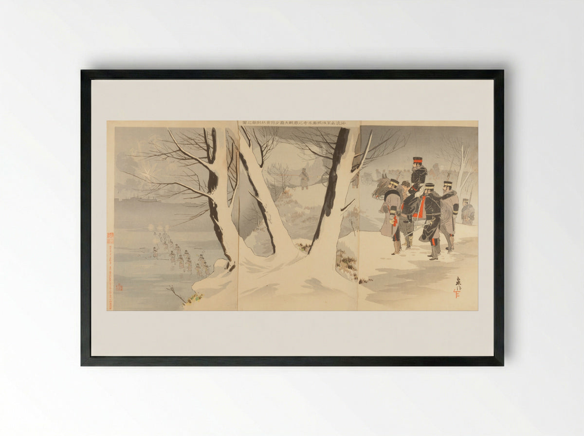 Our Officers Scouting the Enemy Camp in a Snow Storm - Taguchi Beisaku - Framed Print Black