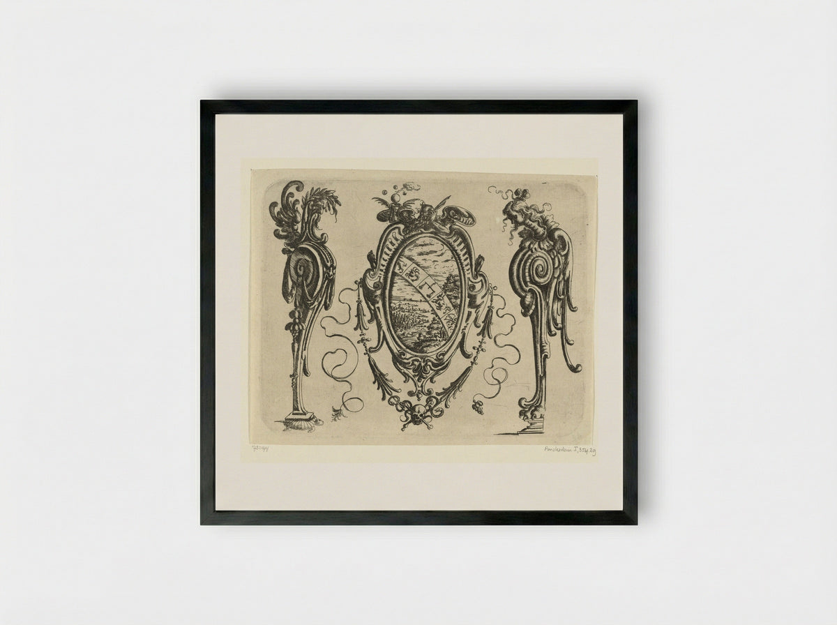 Ovale cartouche met een landschap in een omlijsting van rolwerk - Christoph Jamnitzer - Framed Print Black
