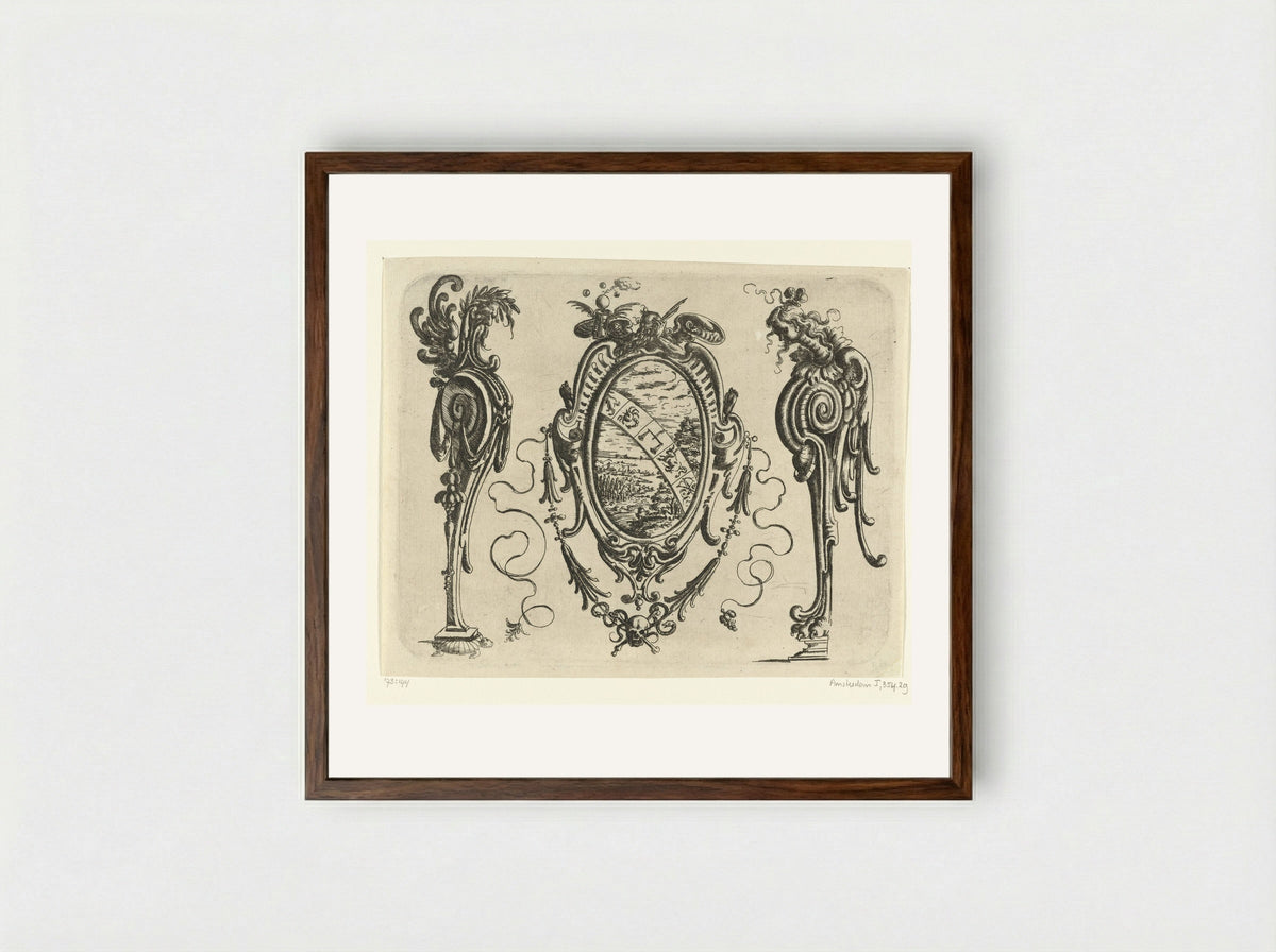 Ovale cartouche met een landschap in een omlijsting van rolwerk - Christoph Jamnitzer - Framed Print Dark Wood