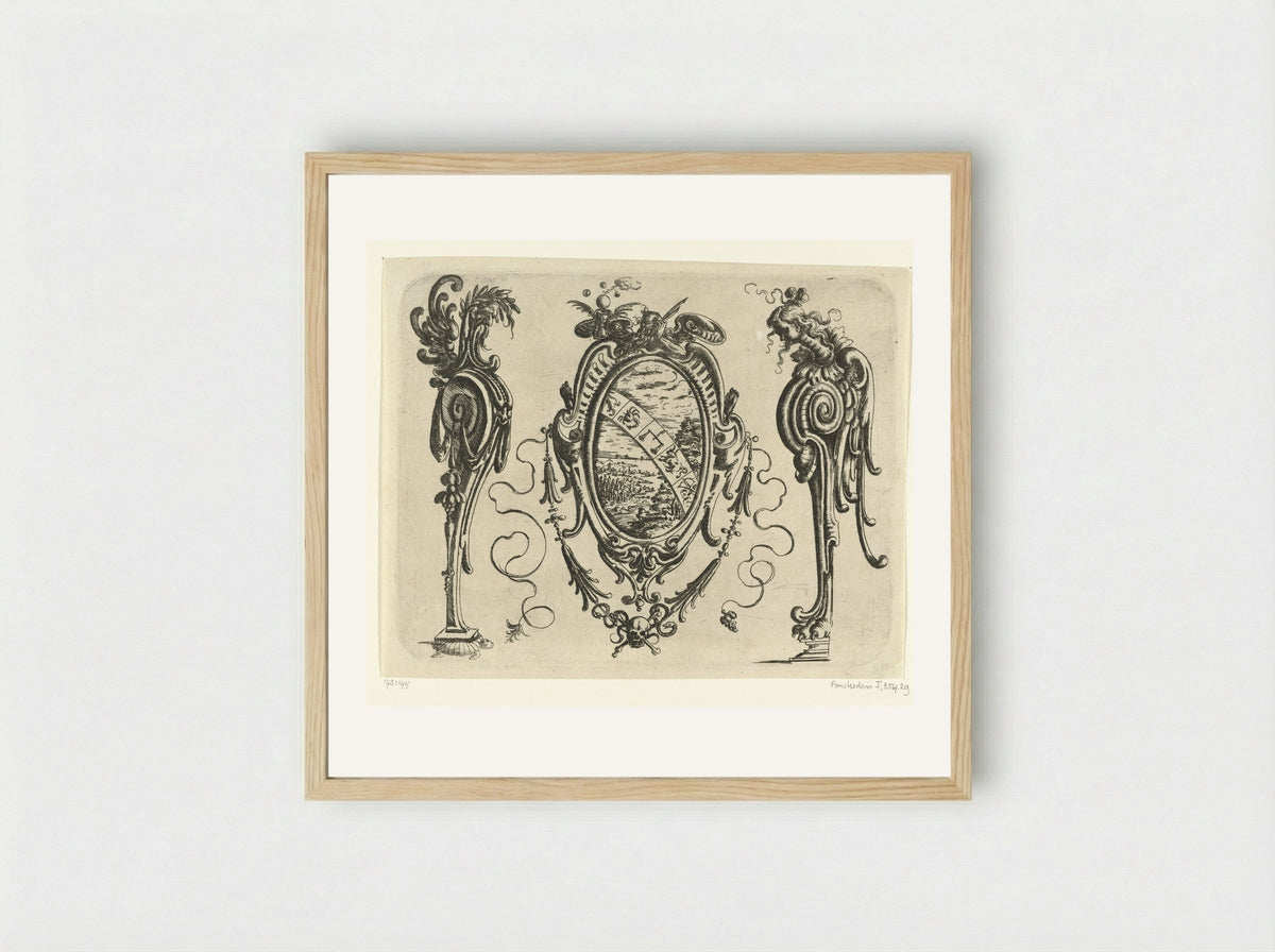 Ovale cartouche met een landschap in een omlijsting van rolwerk - Christoph Jamnitzer - Framed Print Wood